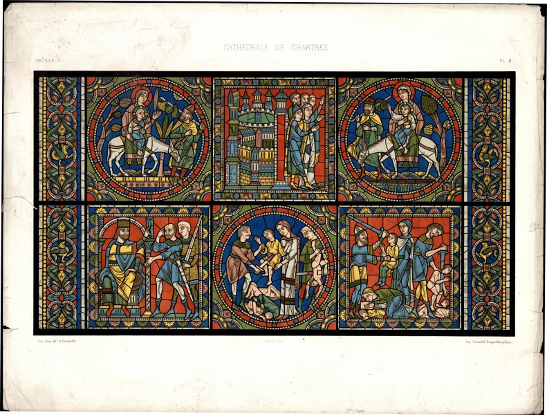 Monografie de la Cathedrale de Chartres - Atlas - Vitrail de la vie de Jesus Christ Feuille C - Chromo-lithographie