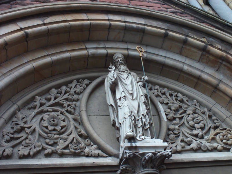 St. Patick sculpture at his namesake church, Donegall Street, Belfast