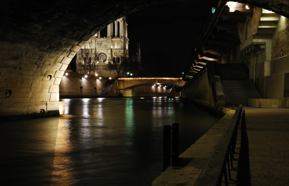 Vue de la cathédrale Notre-Dame de Paris sous le pont Saint-Michel