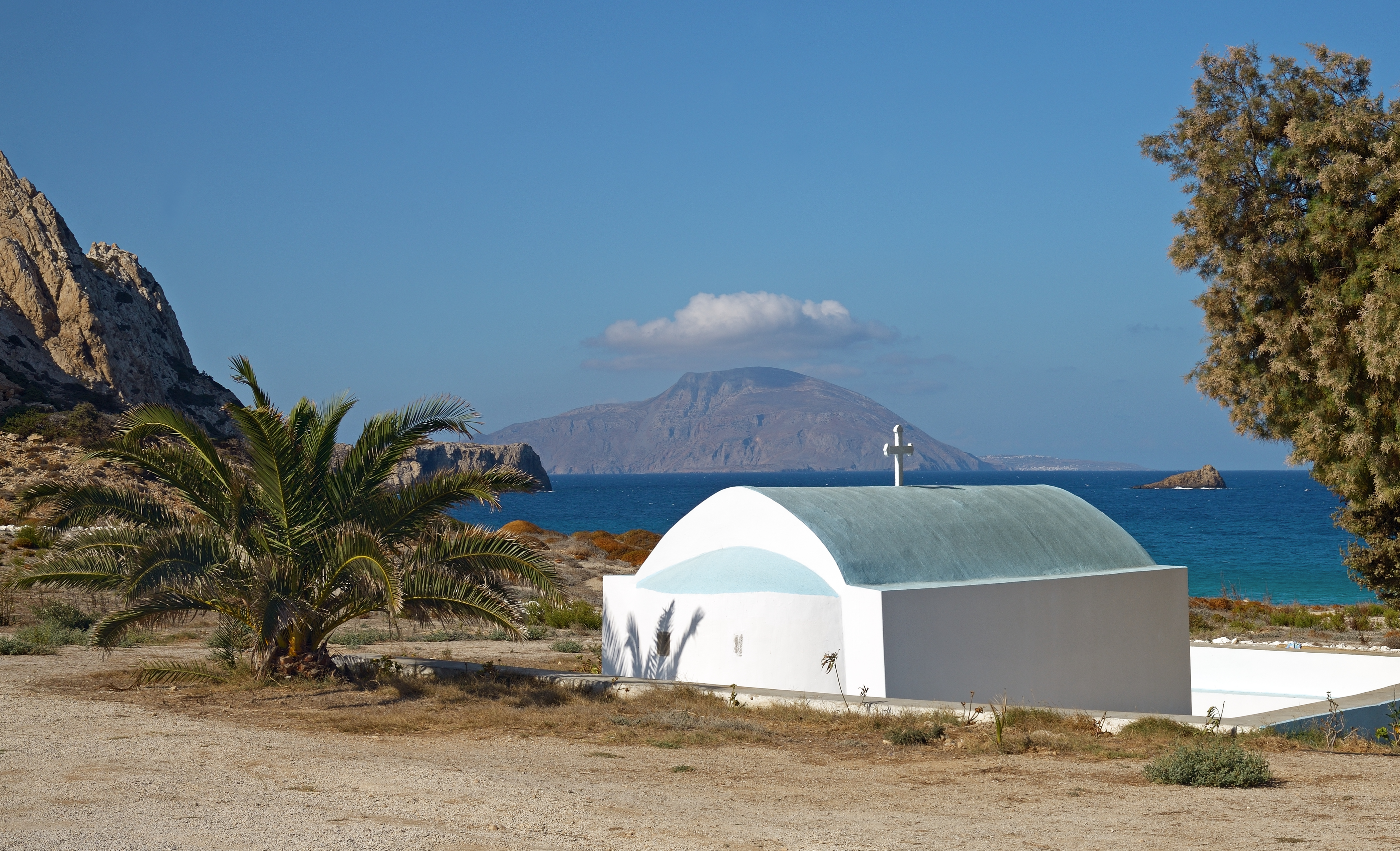 St. Nicholas Church at Agios Nikolaos Beach, Arkasa. Karpathos, Greece. Noon