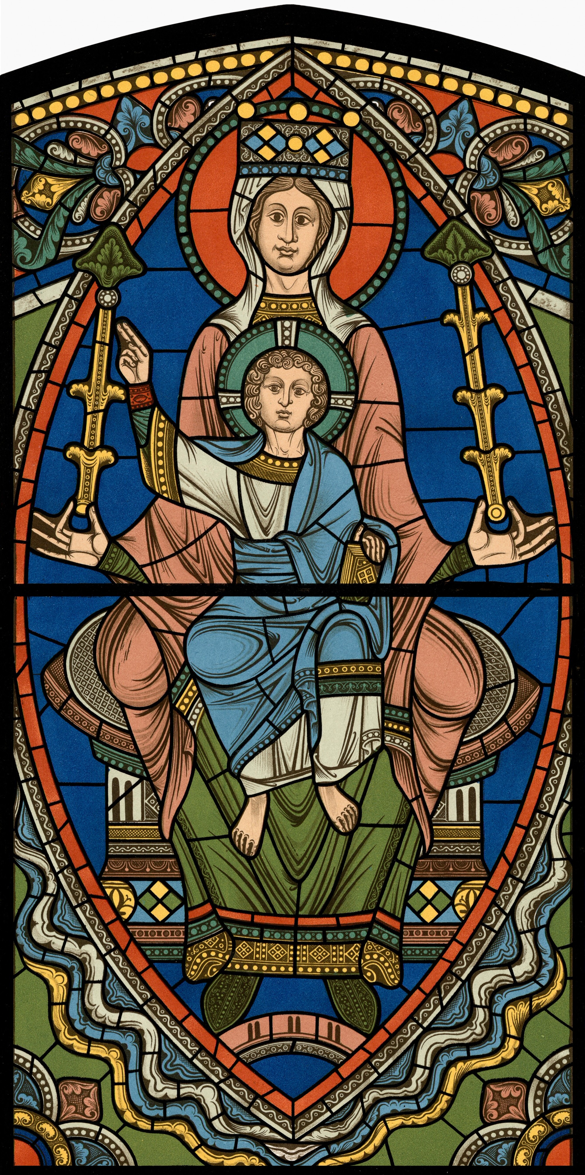 Chartres VITRAIL DE LA VIE DE JÉSUS-CHRIST Motiv 26 sommet de la fenêtre figure de la Sainte Vierge tenant son Fils sur ses genoux