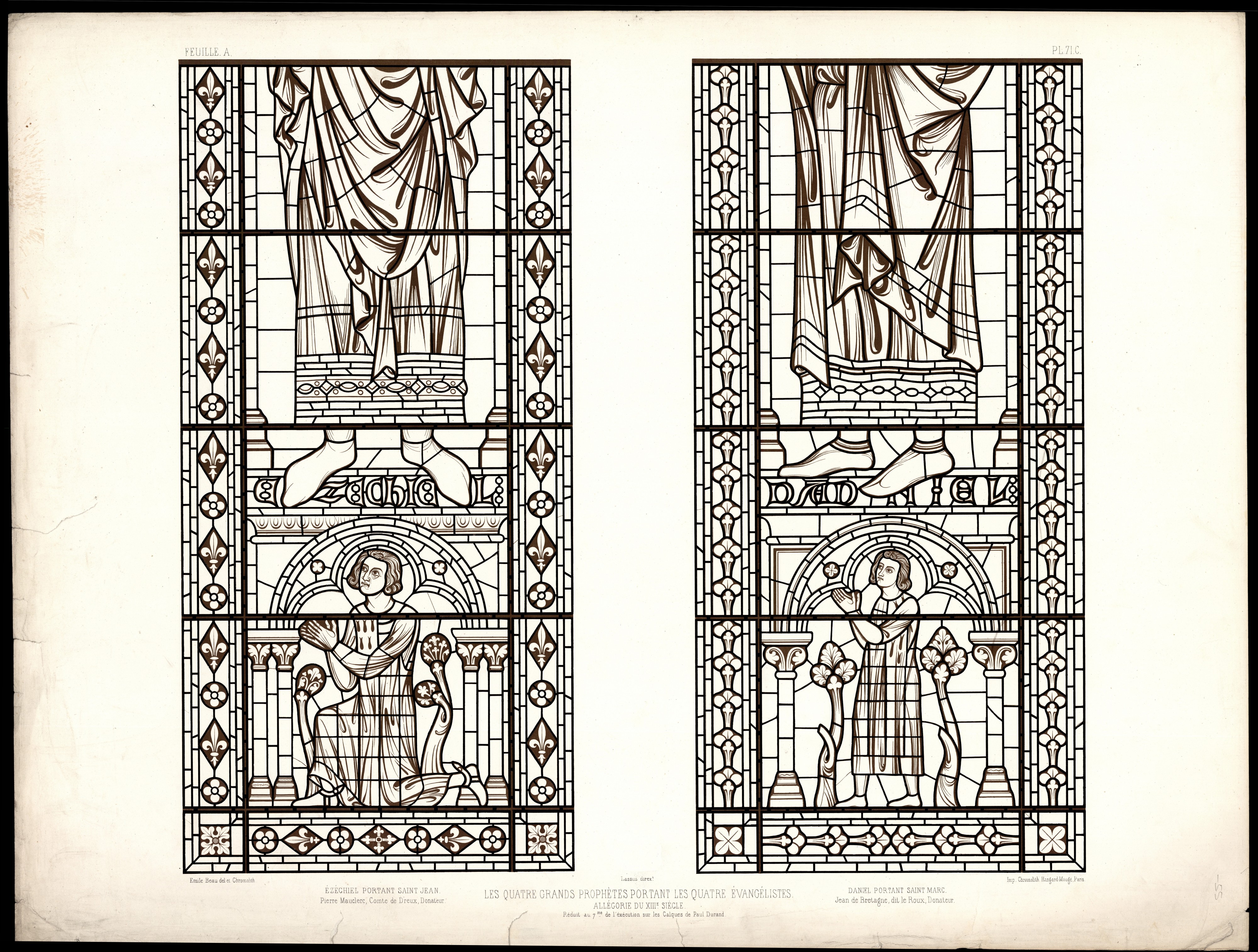 Monografie de la Cathedrale de Chartres - Atlas - Les quatre grands Prophétes portant les quatre Evangelistes - Feuile 2A - Chromelithographie