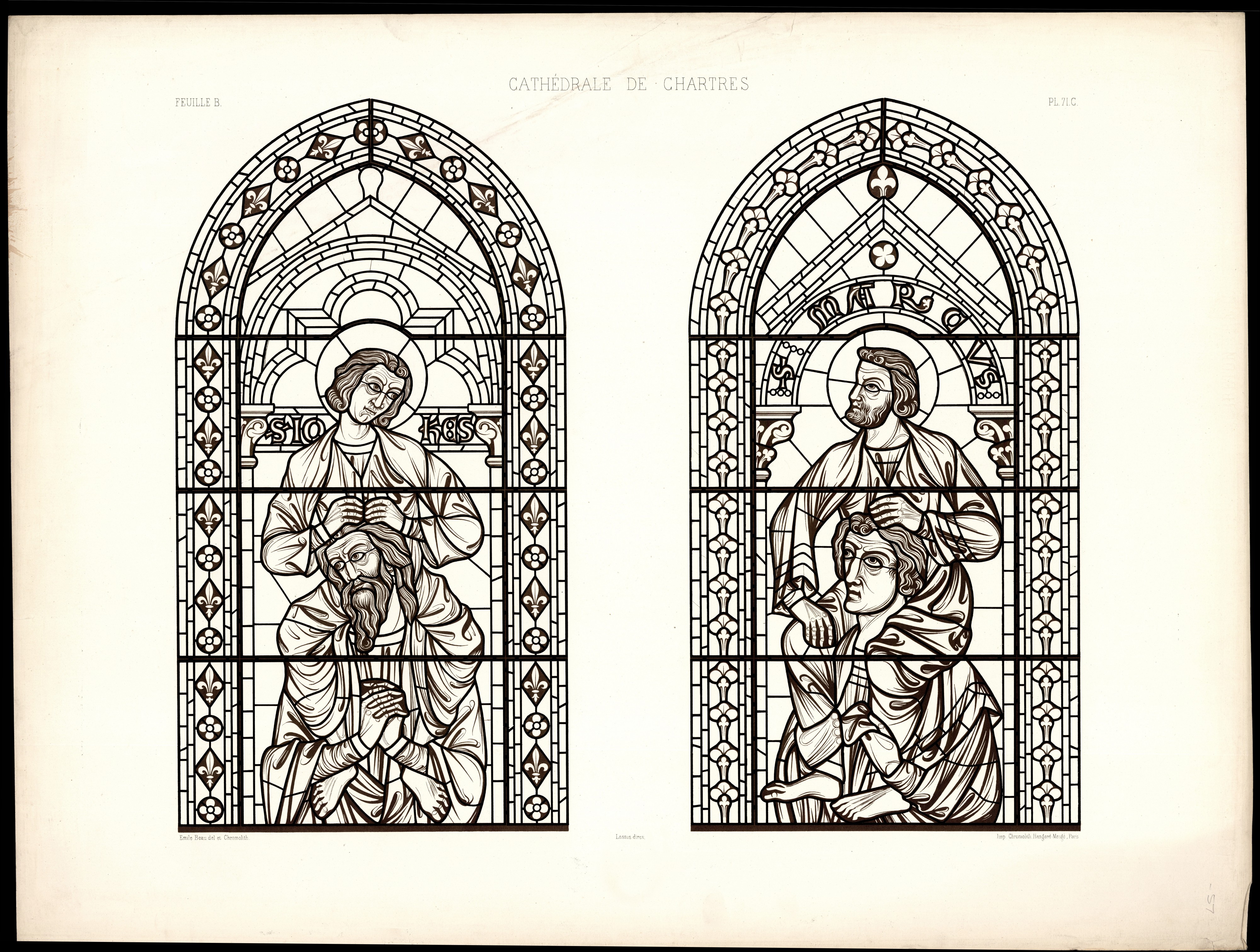 Monografie de la Cathedrale de Chartres - Atlas - Les quatre grands Prophétes portant les quatre Evangelistes - Feuile 2B - Chromelithographie