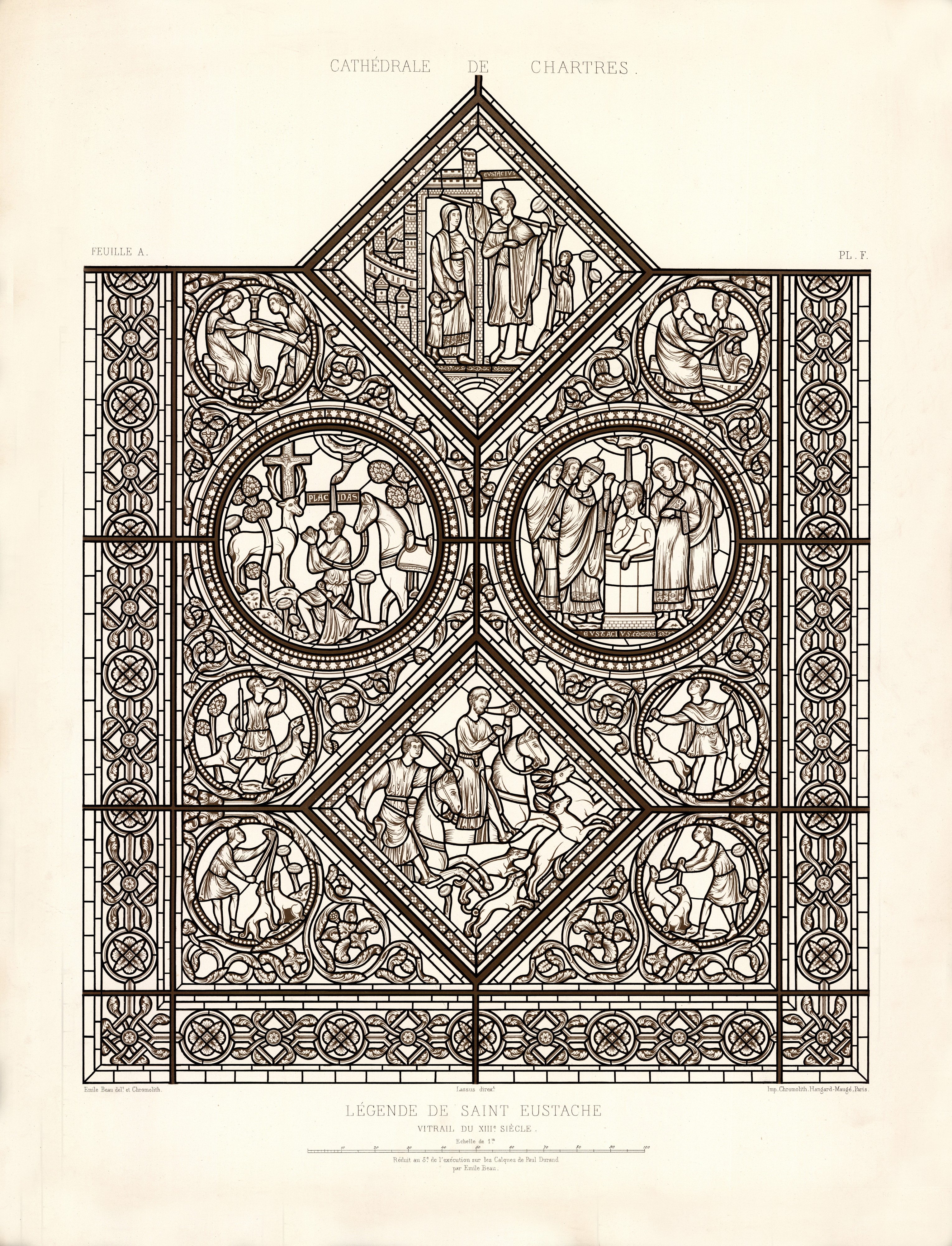 Monografie de la Cathedrale de Chartres - Atlas - Vitrail de saint Eustache - Feuille A - Lithographie