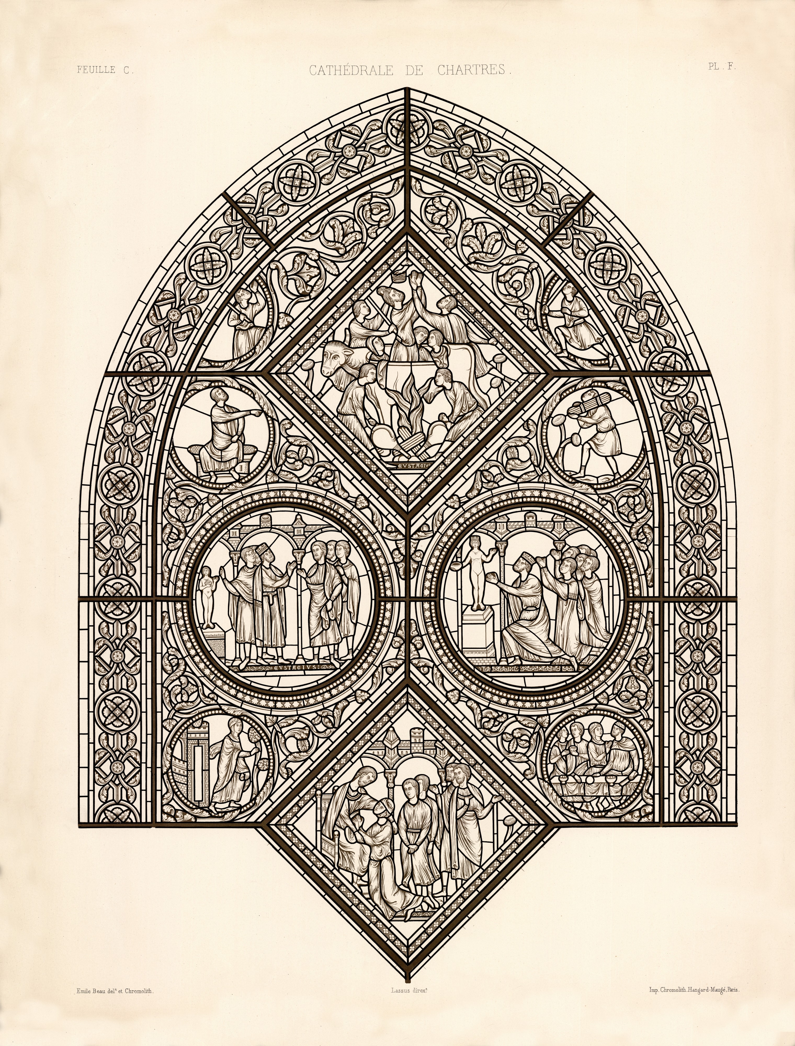 Monografie de la Cathedrale de Chartres - Atlas - Vitrail de saint Eustache - Feuille C - Lithographie
