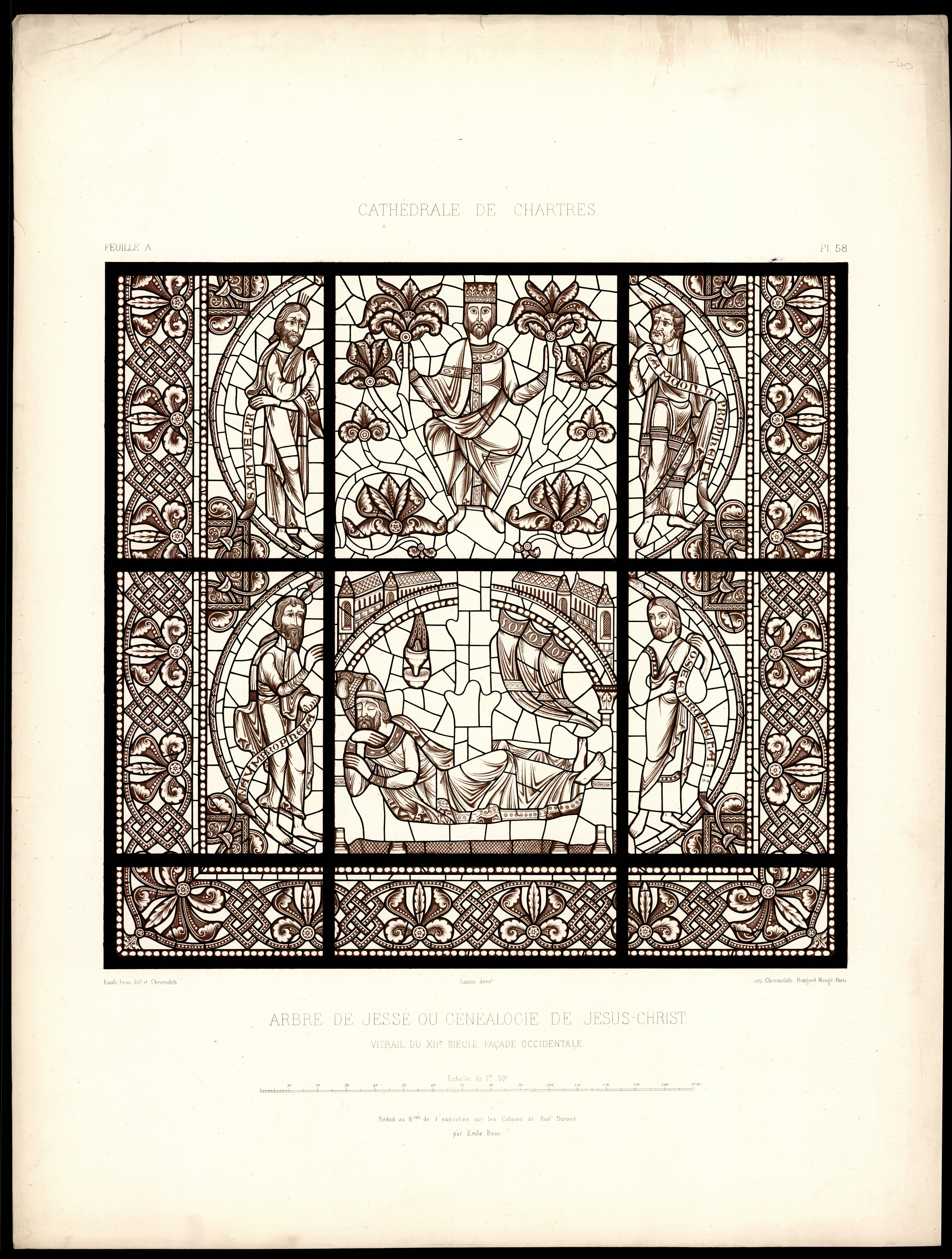 Monografie de la Cathedrale de Chartres - Atlas - Vitrail del arbre de Jessé Feuille A Facade Occidentale - Lithographie deux teiintes