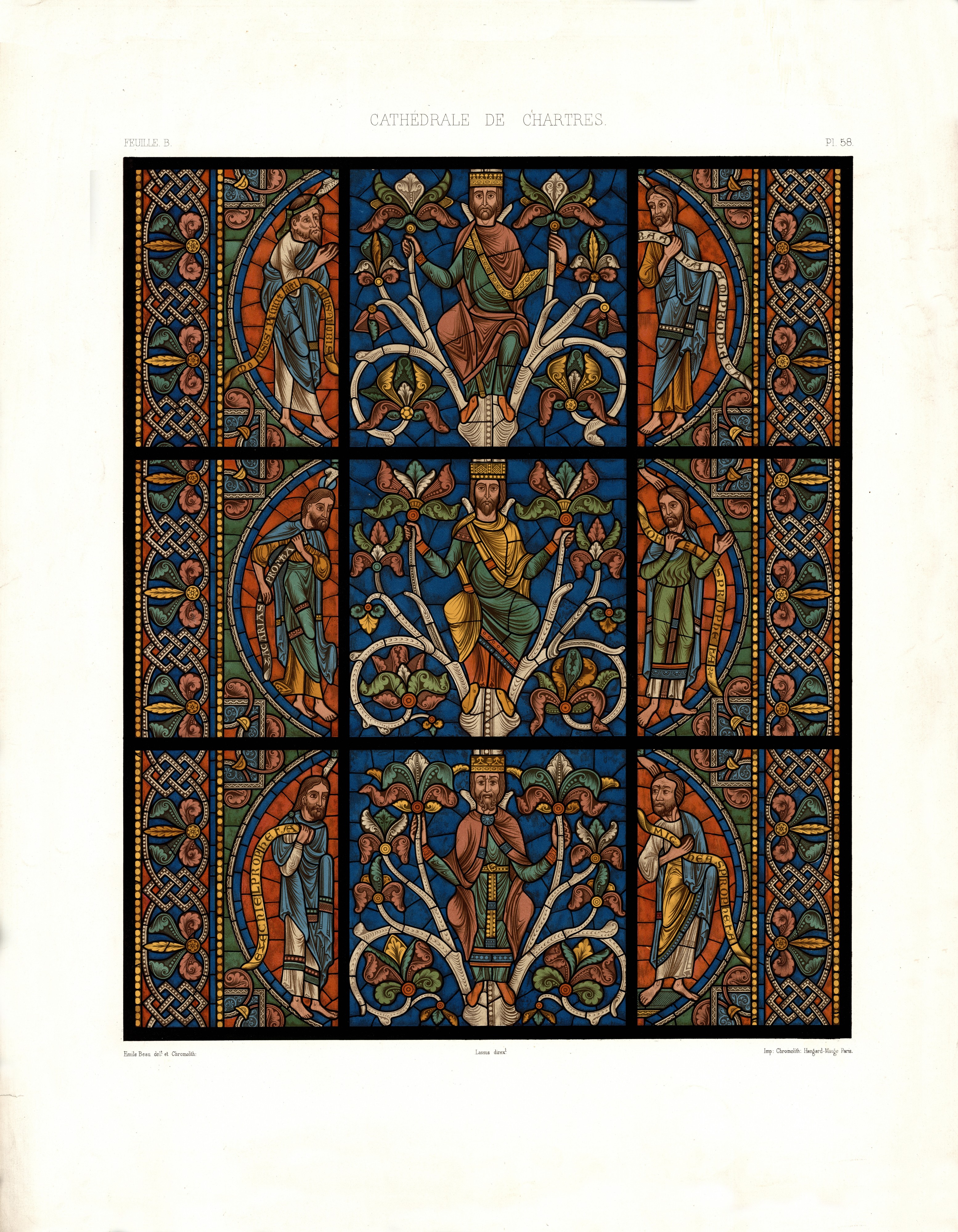 Monografie de la Cathedrale de Chartres - Atlas - Vitrail del arbre de Jesse Feuille B - Chromolithographie