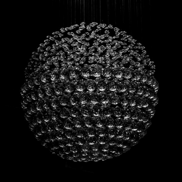 A crystal chandelier in B&W