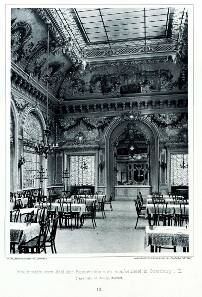 Innenansicht vom Saal der Restauration zum Baeckehiesel in Strassburg Architekt M. Schopp, Strassburg, Tafel 13, Kick Jahrgang II