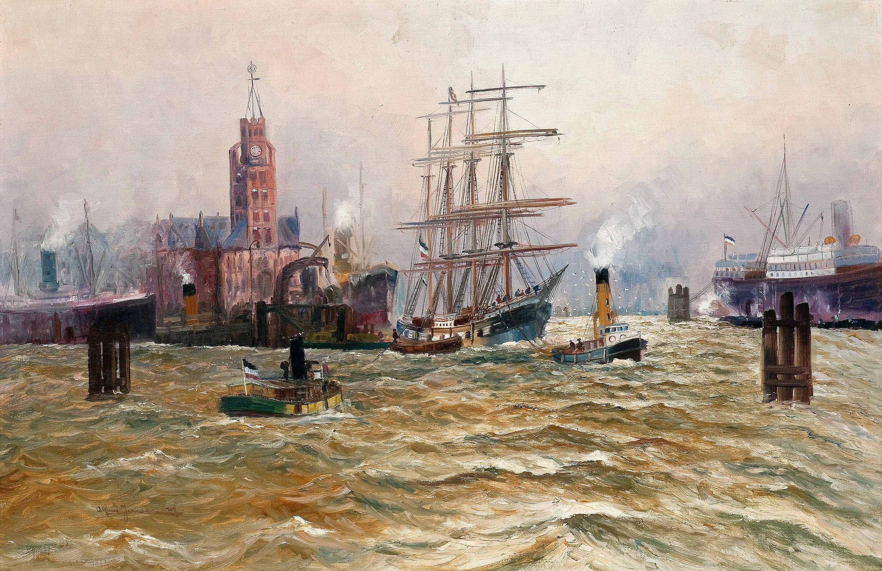 Alfred Jensen - Hamburger Hafen mit Schleppern und Viermastbark
