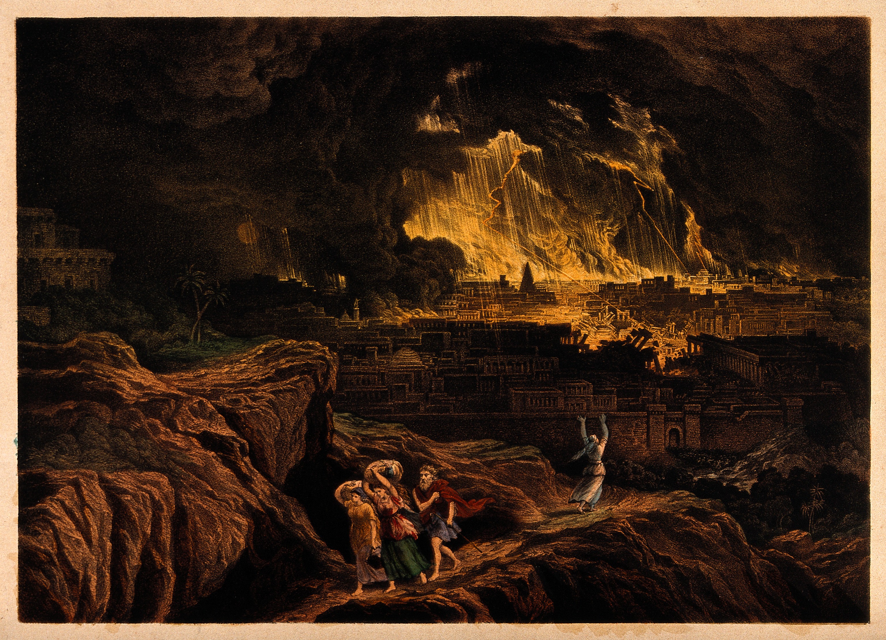 Lot and his family flee Sodom as it burns; Lot's wife faces Wellcome V0034238