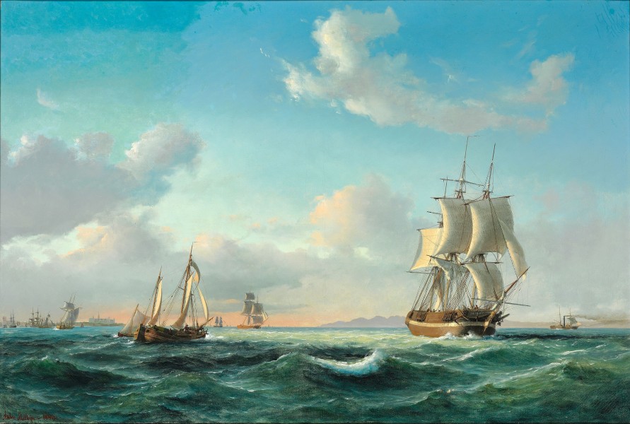 Anton Melbye - Sejlskibet ‚Johanna‘ og andre fartøjer i Sundet ud for Kronborg Slot