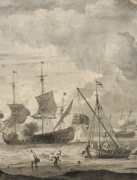 BACKHUYSEN Ludolf,1679 - Navire de Guerre anglais dans un Estuaire - drawing (dessin, disegno) - Detail 08