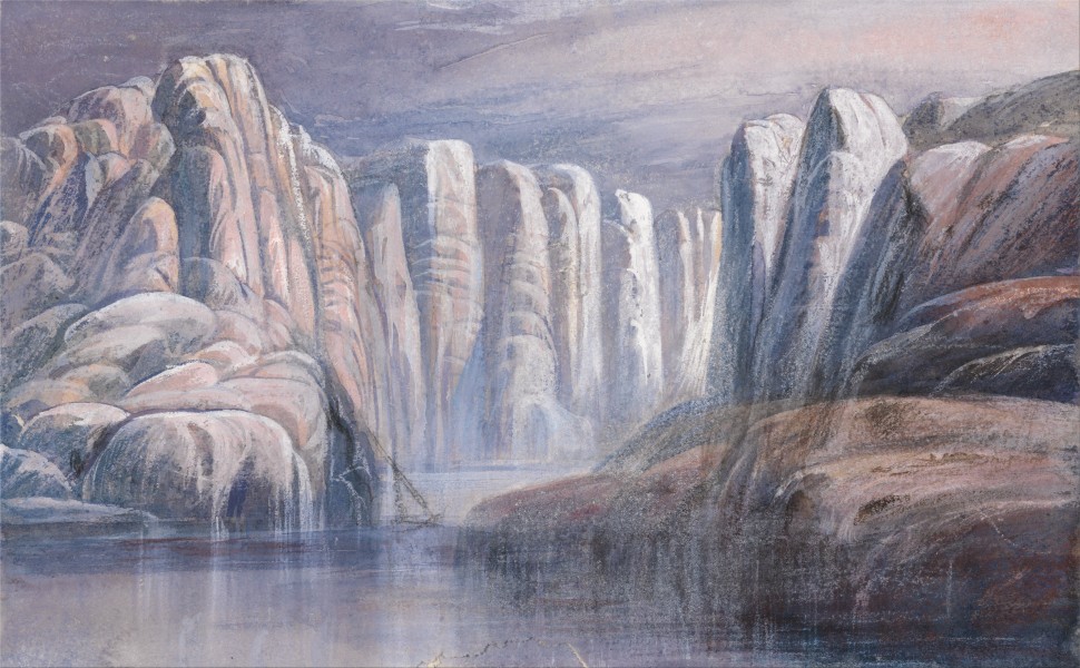 Edward Lear - River pass, between barren rock cliffs - Google Art Project