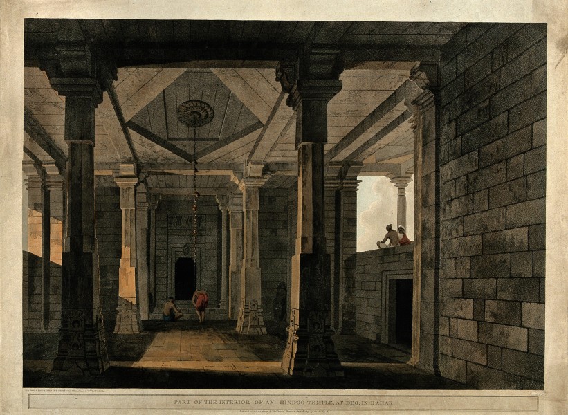 Interior of a Hindu temple, Deo, Bihar. Coloured aquatint by Wellcome V0050487