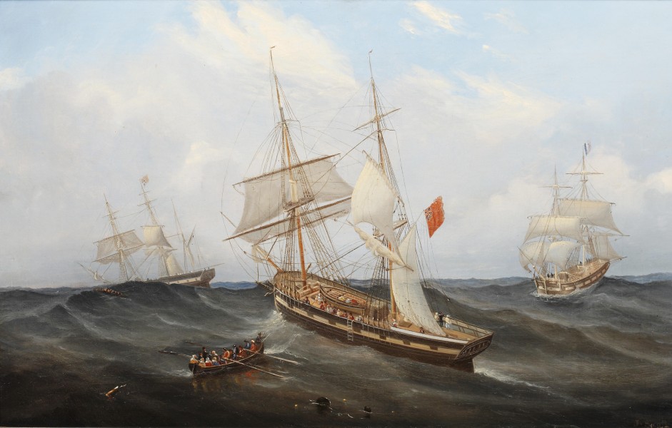 John Scott - Sailing vessels and a rowing boat in a heavy swell