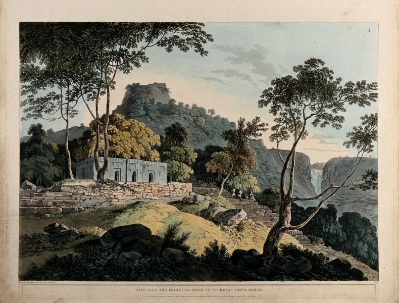 Landscape at Rohtasgarh, Bihar. Coloured aquatint by Thomas Wellcome V0050464
