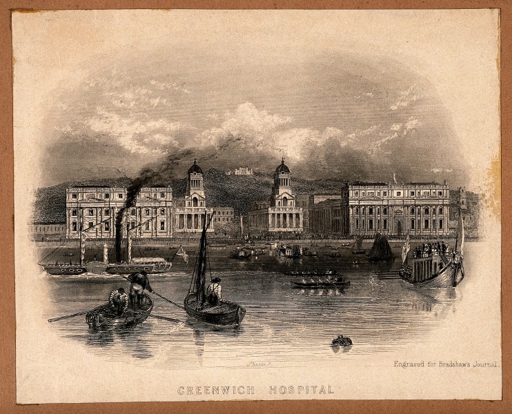 Royal Naval Hospital, Greenwich, with ships and rowing boats Wellcome V0013286