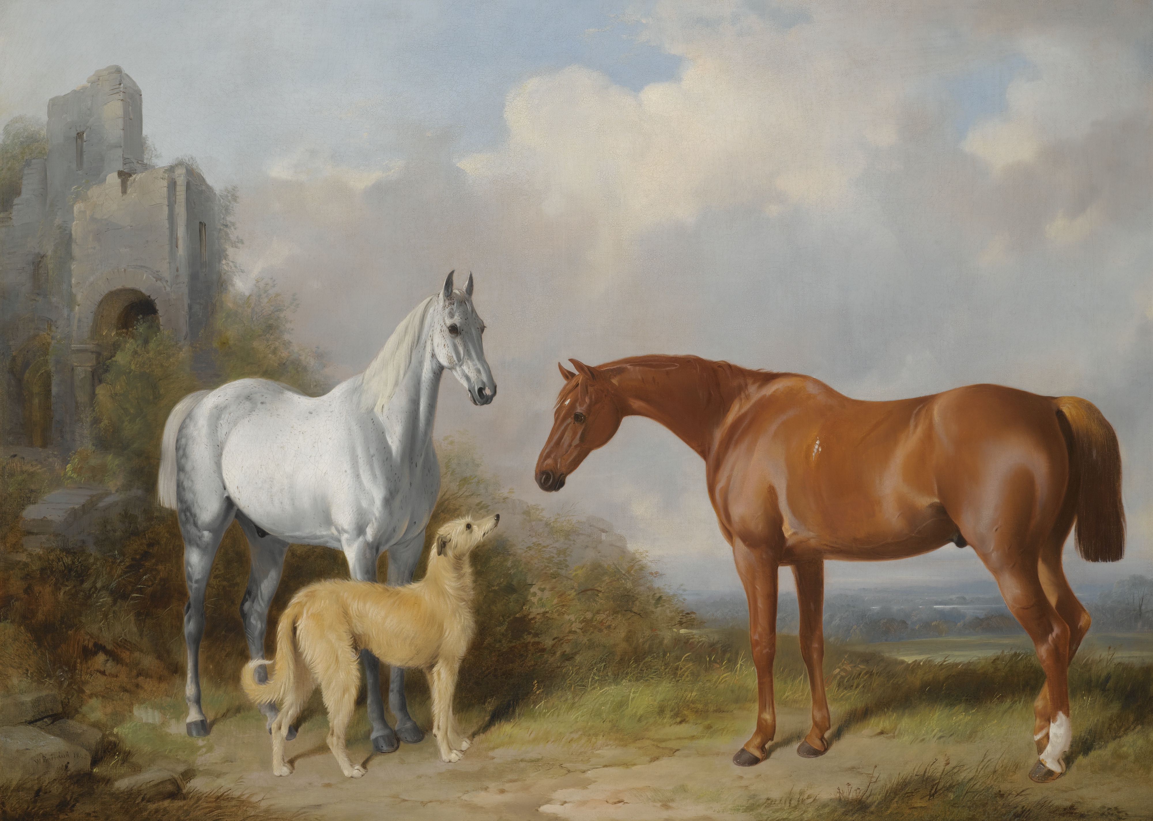 A Grey and a Chestnut Hunter with a Deerhound by William Barraud, 1845