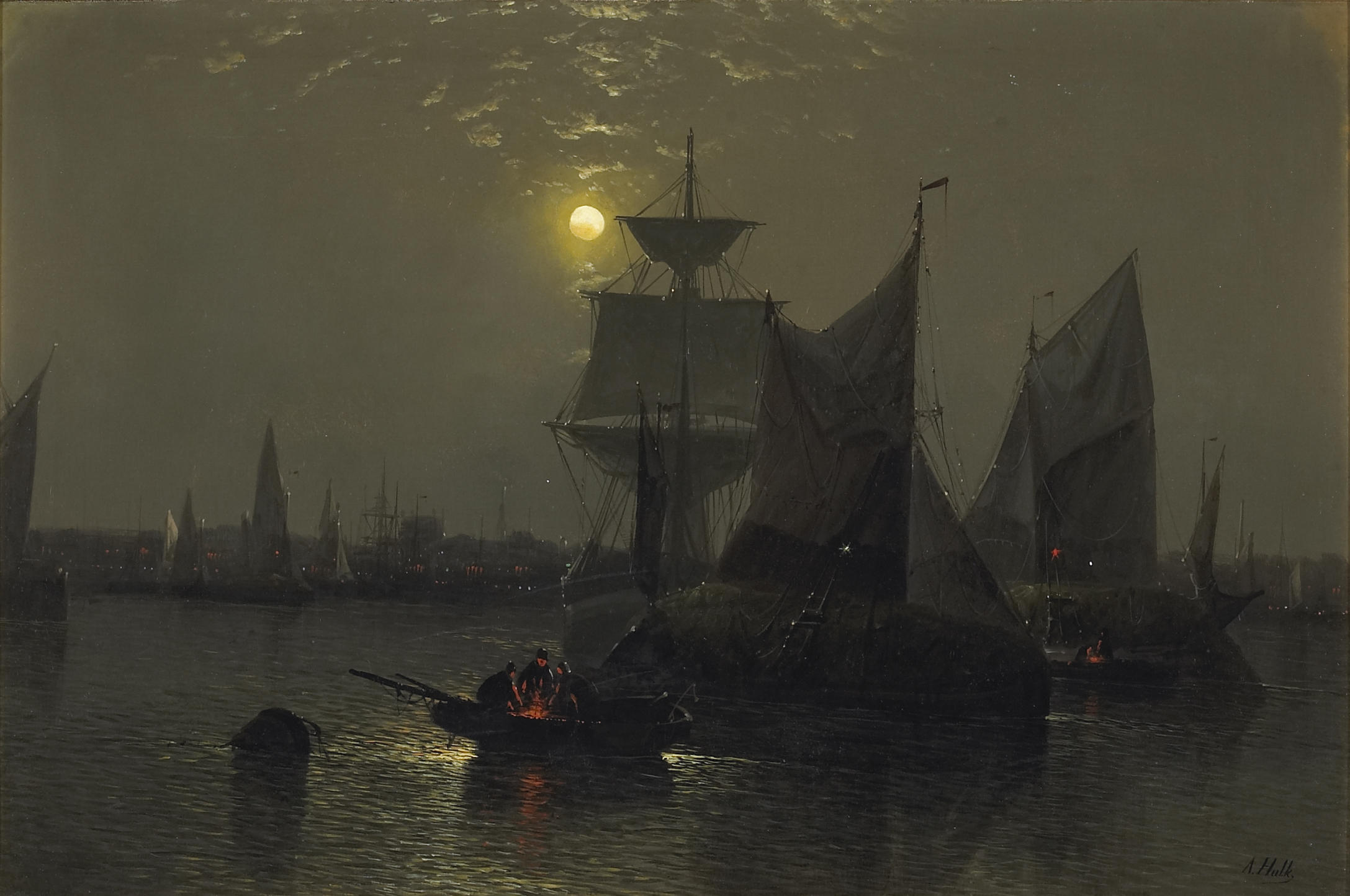 Abraham Hulk, Snr - Sailing vessels in a moonlit harbor with fishermen and their boats in the foreground