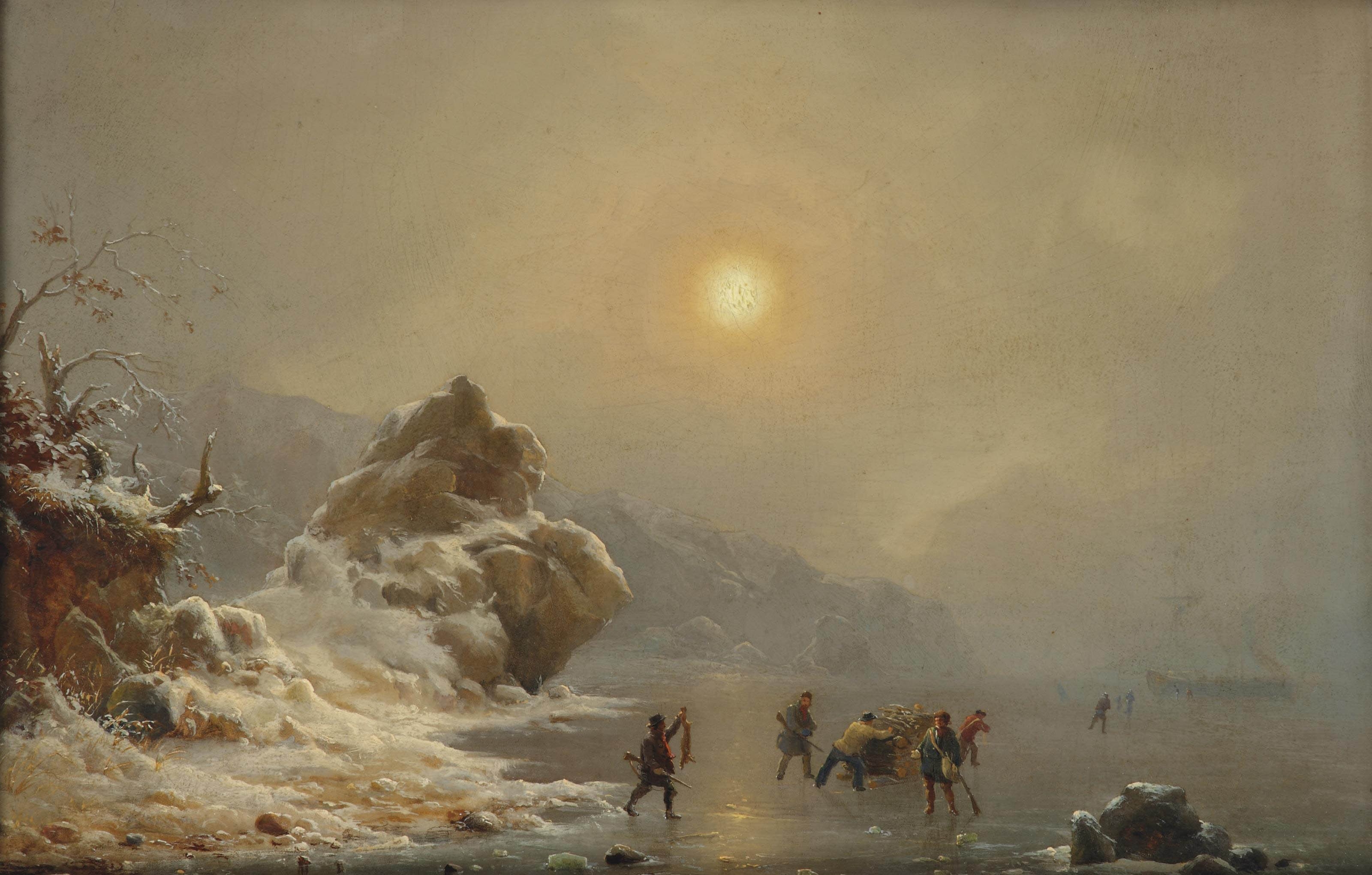 Andreas Achenbach - Eine Winterlandschaft mit Jägern auf dem Eis