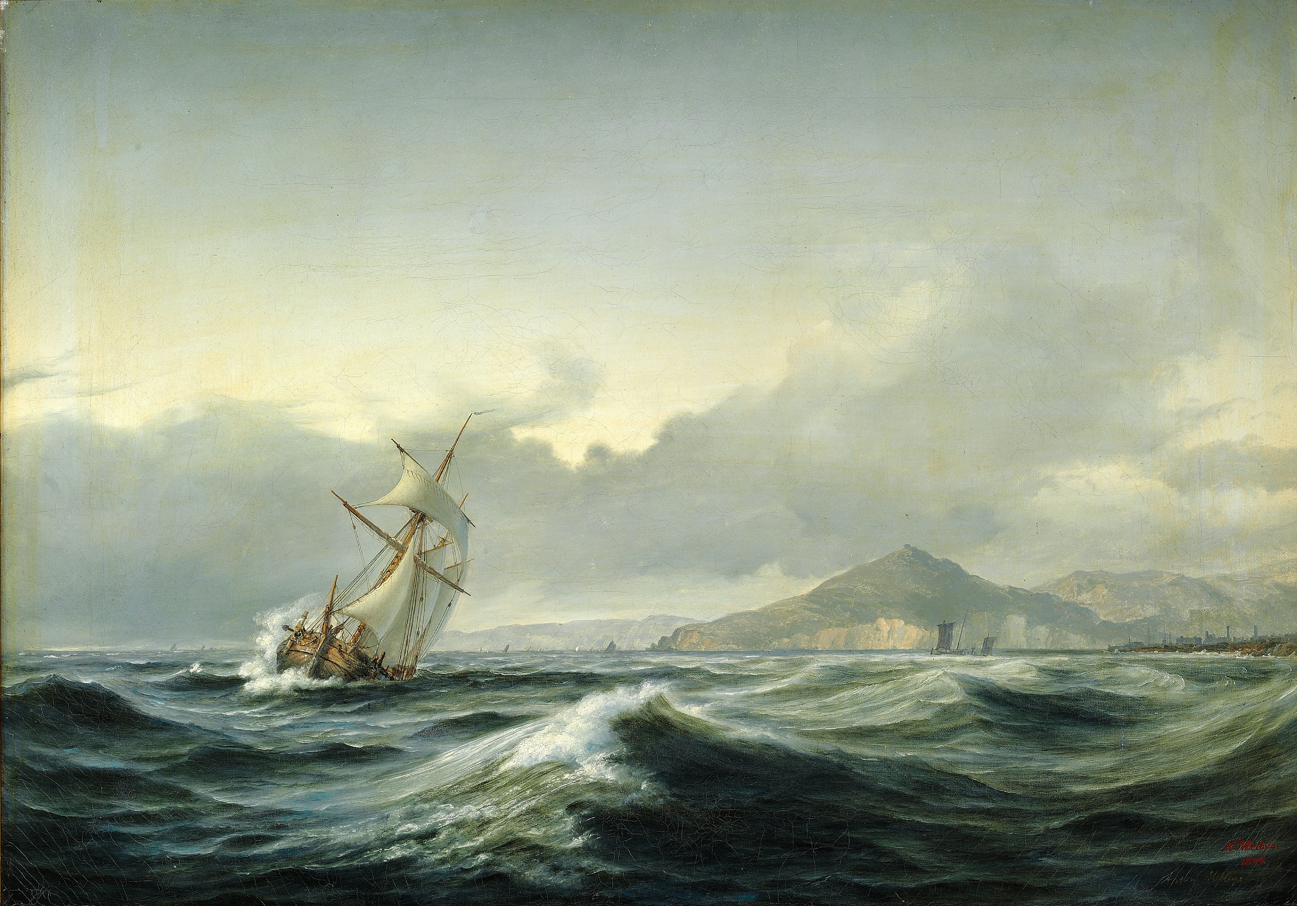 Anton Melbye - Marinemaleri med sejlskib i hård sø. I baggrunden en klippekyst