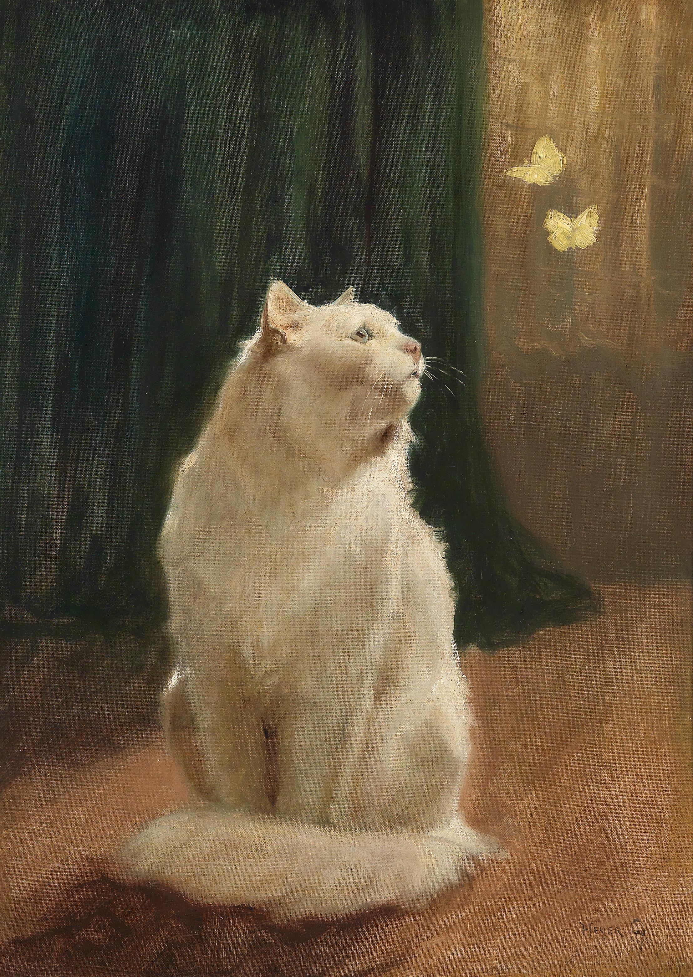 Arthur Heyer Weiße Katze und zwei Zitronenfalter