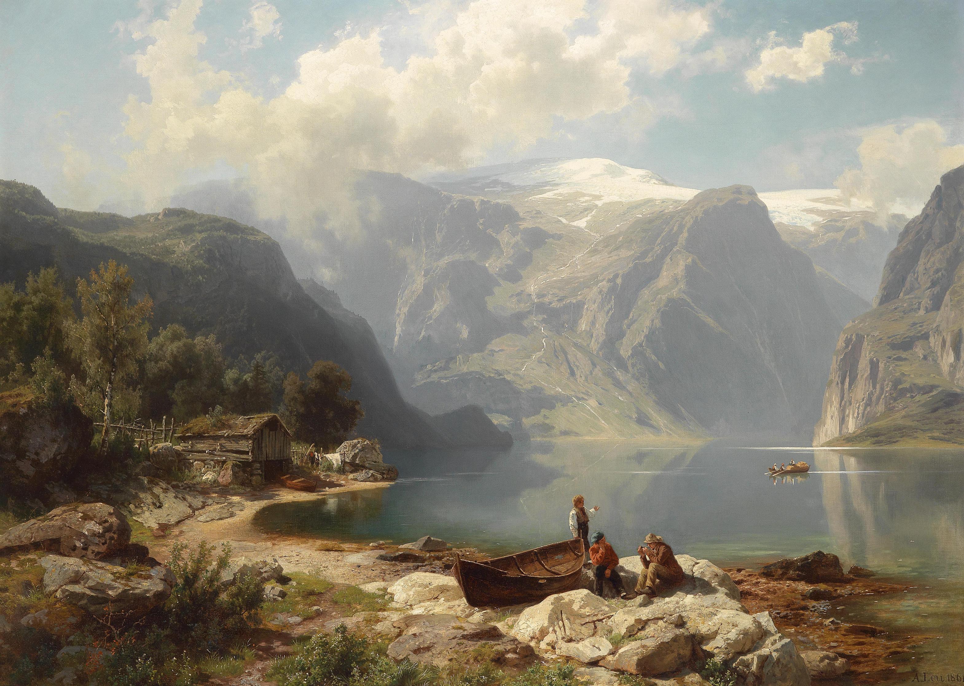 August Wilhelm Leu - Sonniger Tag an einem norwegischen Fjord (1862)