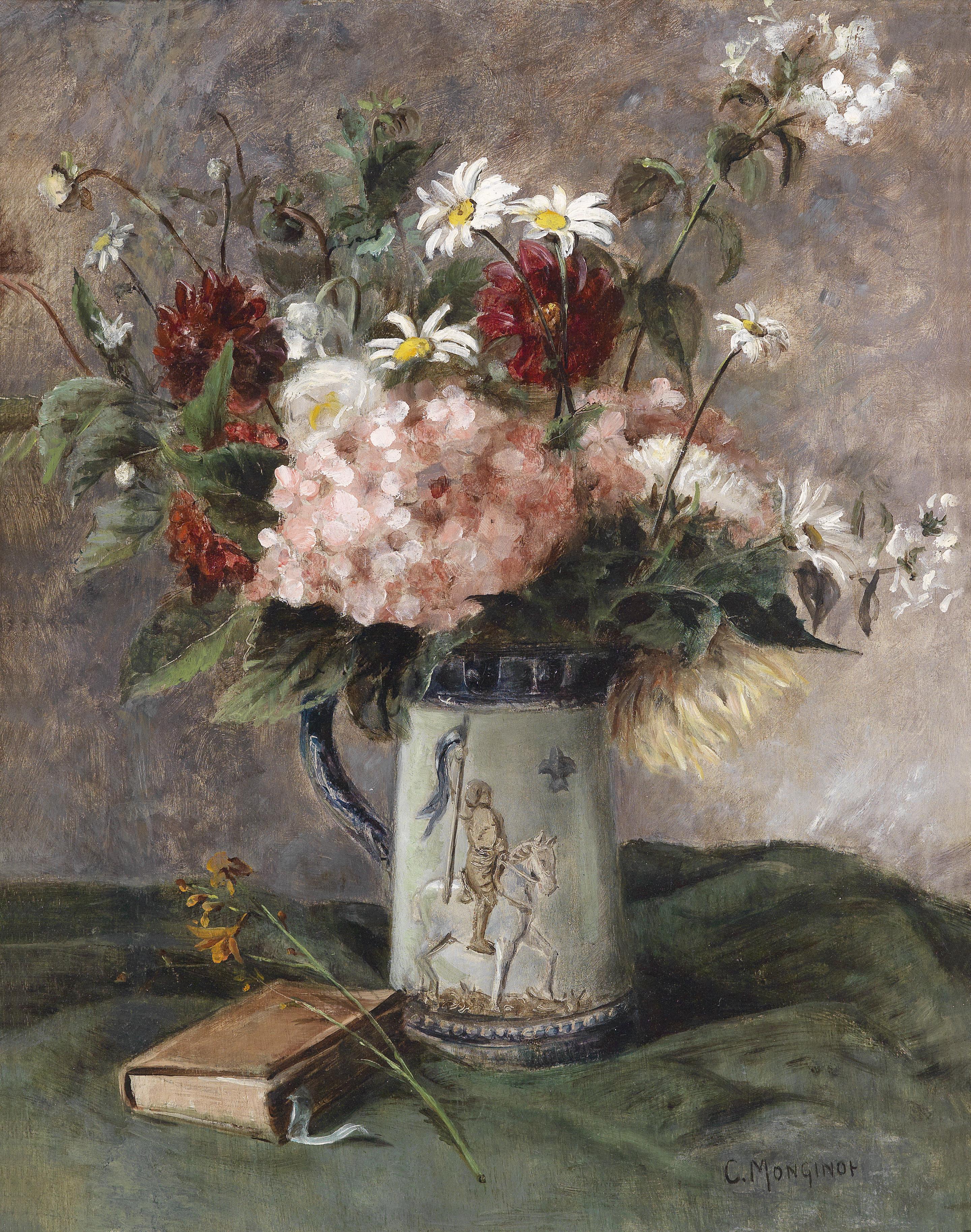 Charles Monginot Blumenstück mit Buch