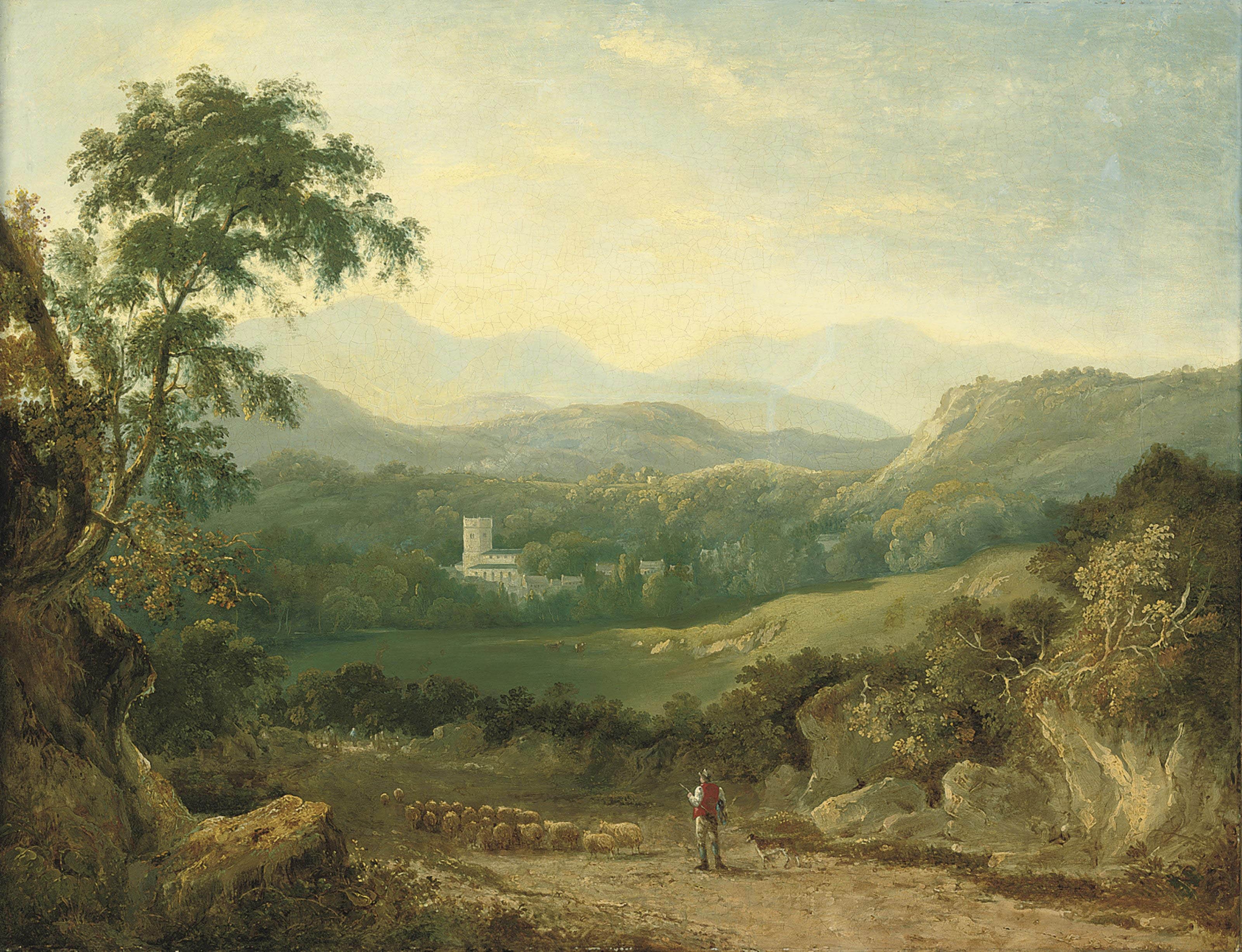 Circle of George Barrett - A mountainous landscape near Porthmadog, with a shepherd, his flock and a collie in a lane, a traveller in the distance, cows in a dale and a village beyond