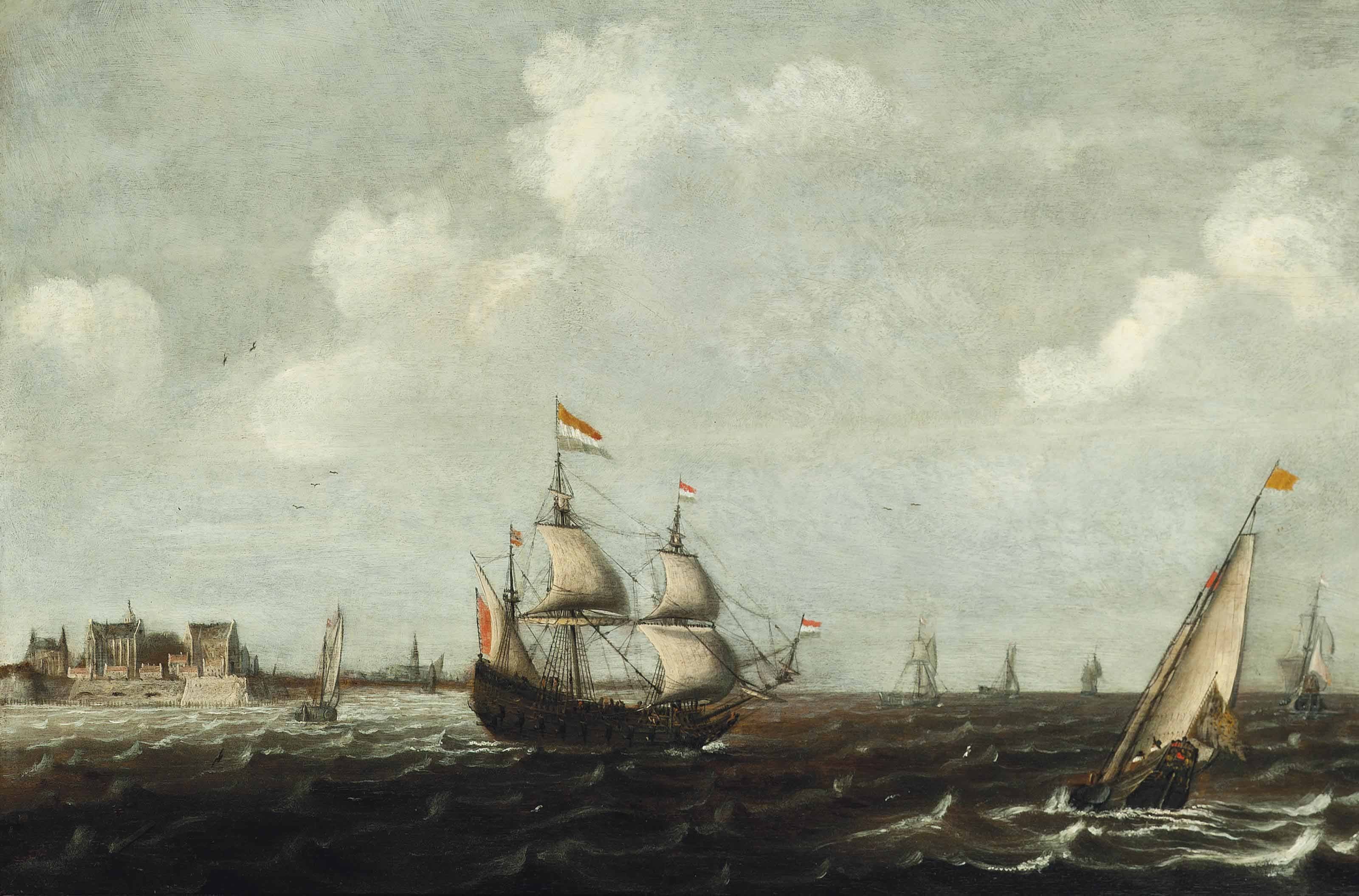 Claes Claesz. Wou - Dutch threemaster and other shipping in a choppy waters