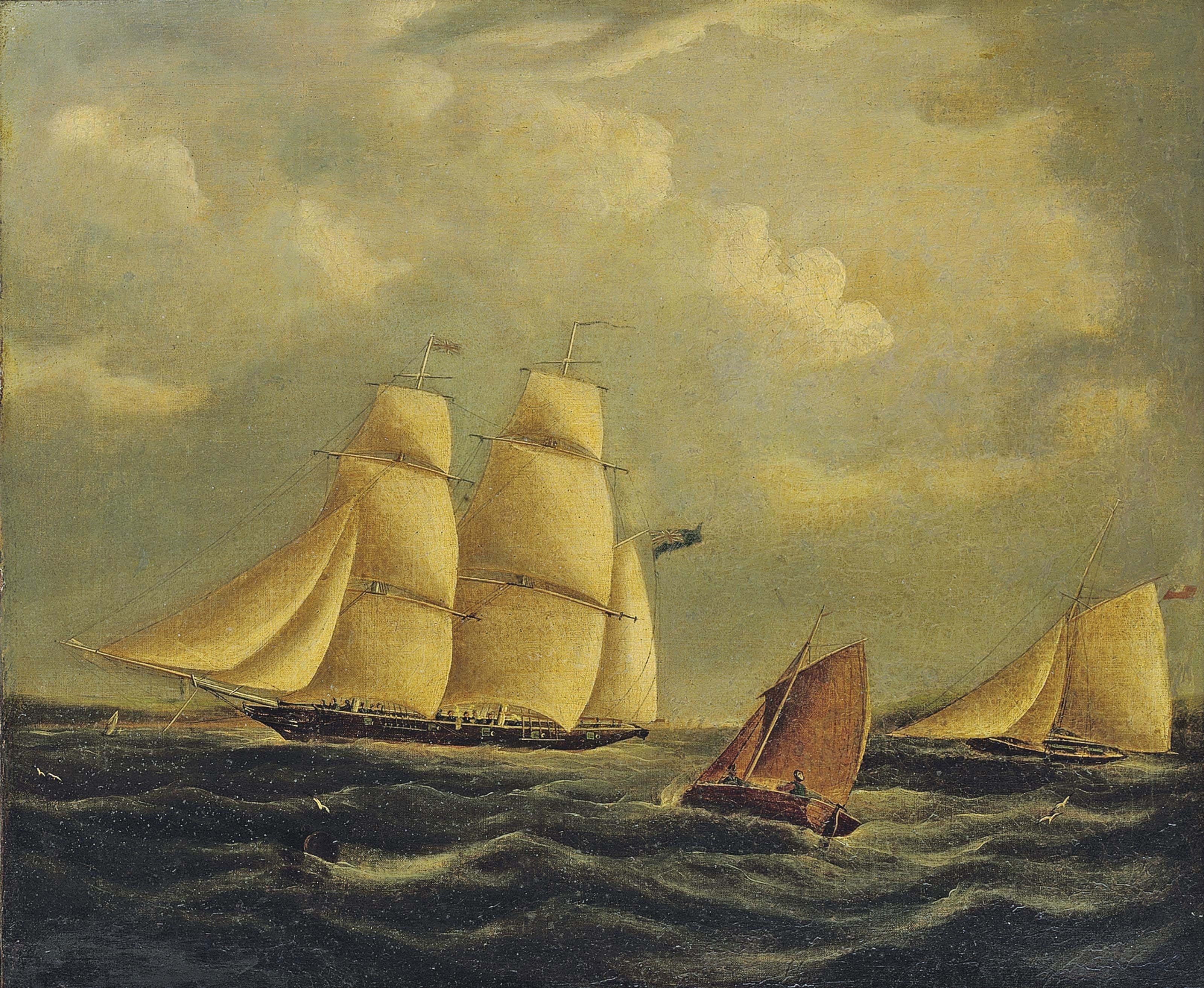 Follower of James Edward Buttersworth - An armed brig and cutter in the Channel