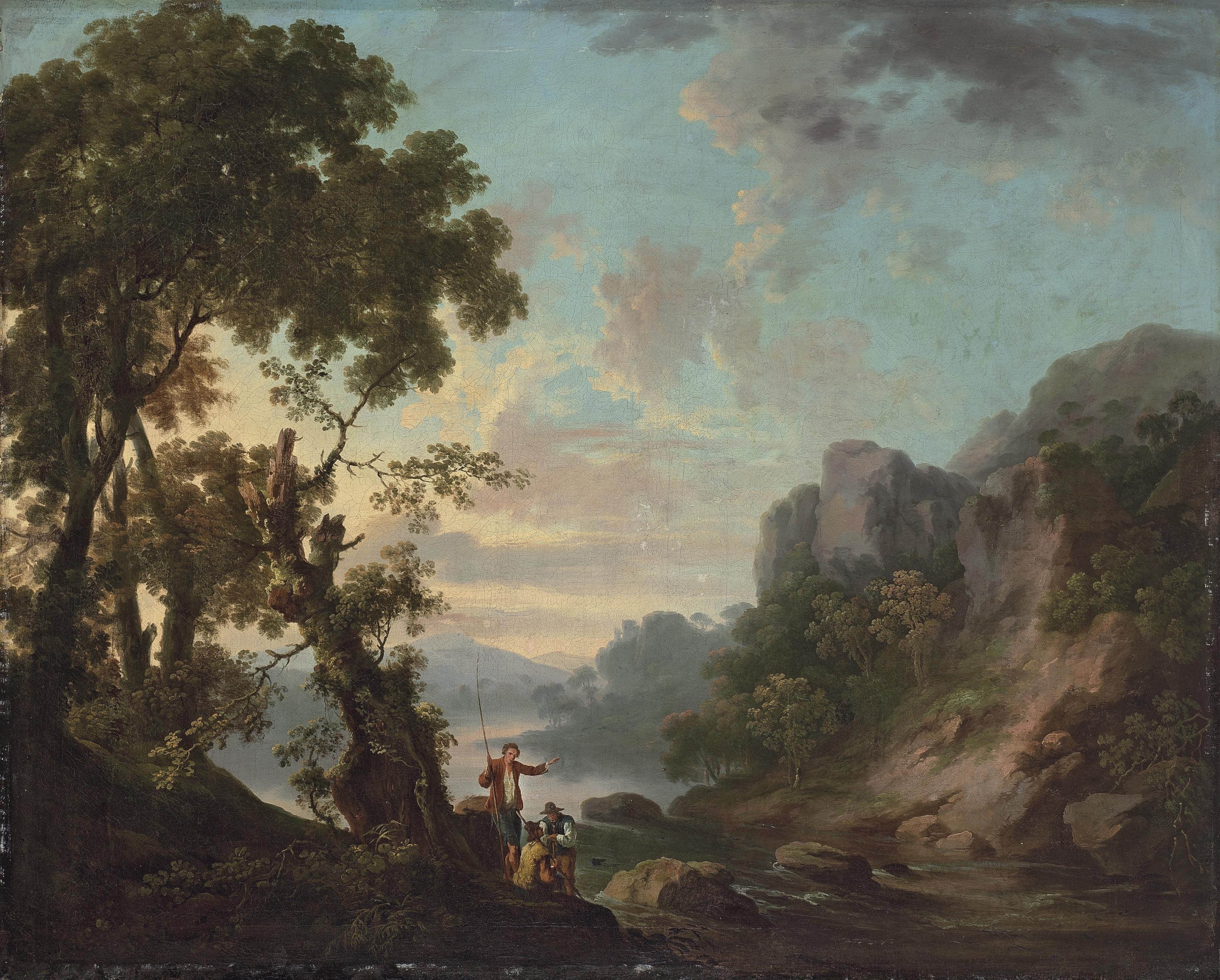George Barret - Wooded landscape with a lake, anglers in the foreground