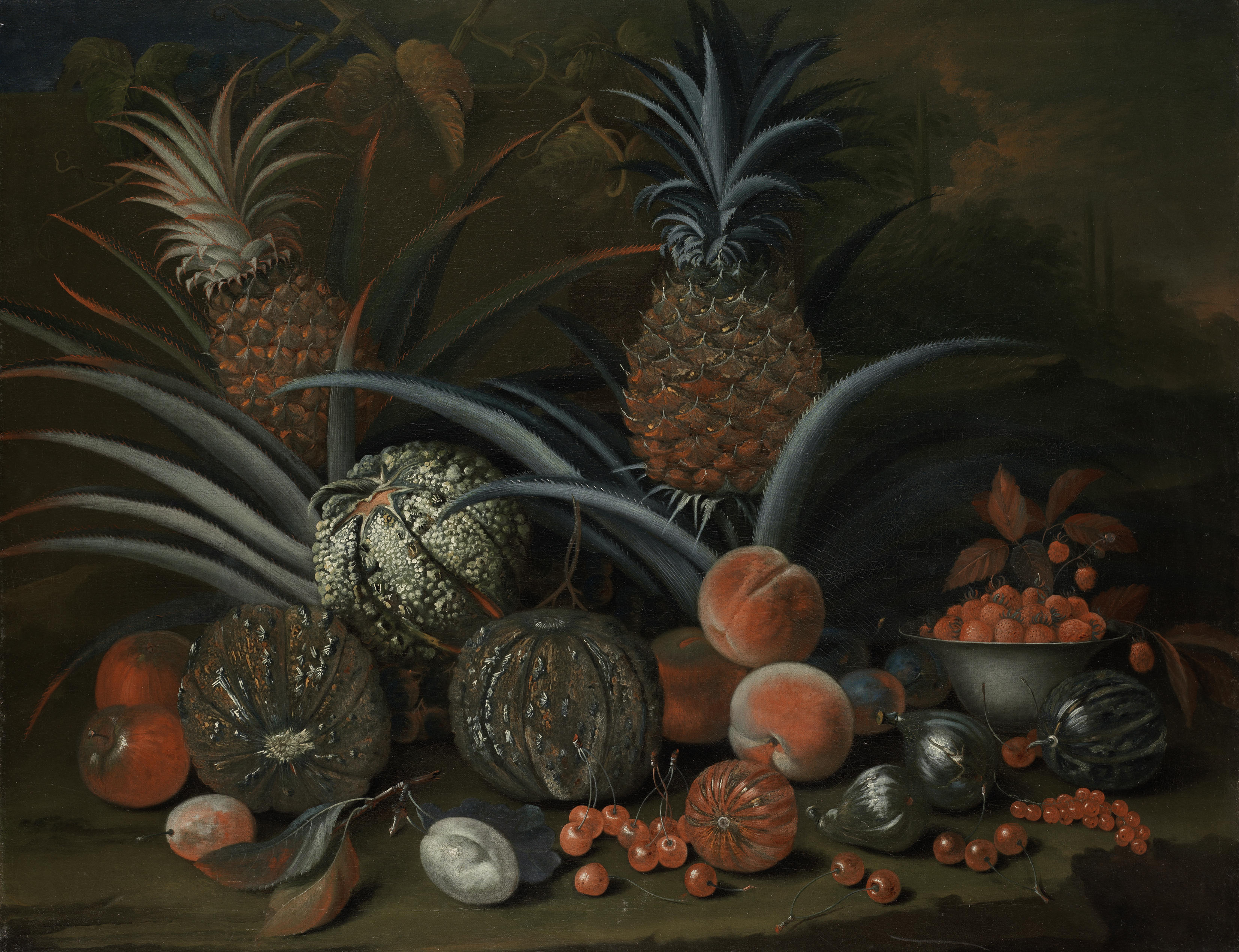 George William Sartorius - Strawberries in a porcelain bowl, with pineapples, melons, peaches and figs, before a tropical landscape