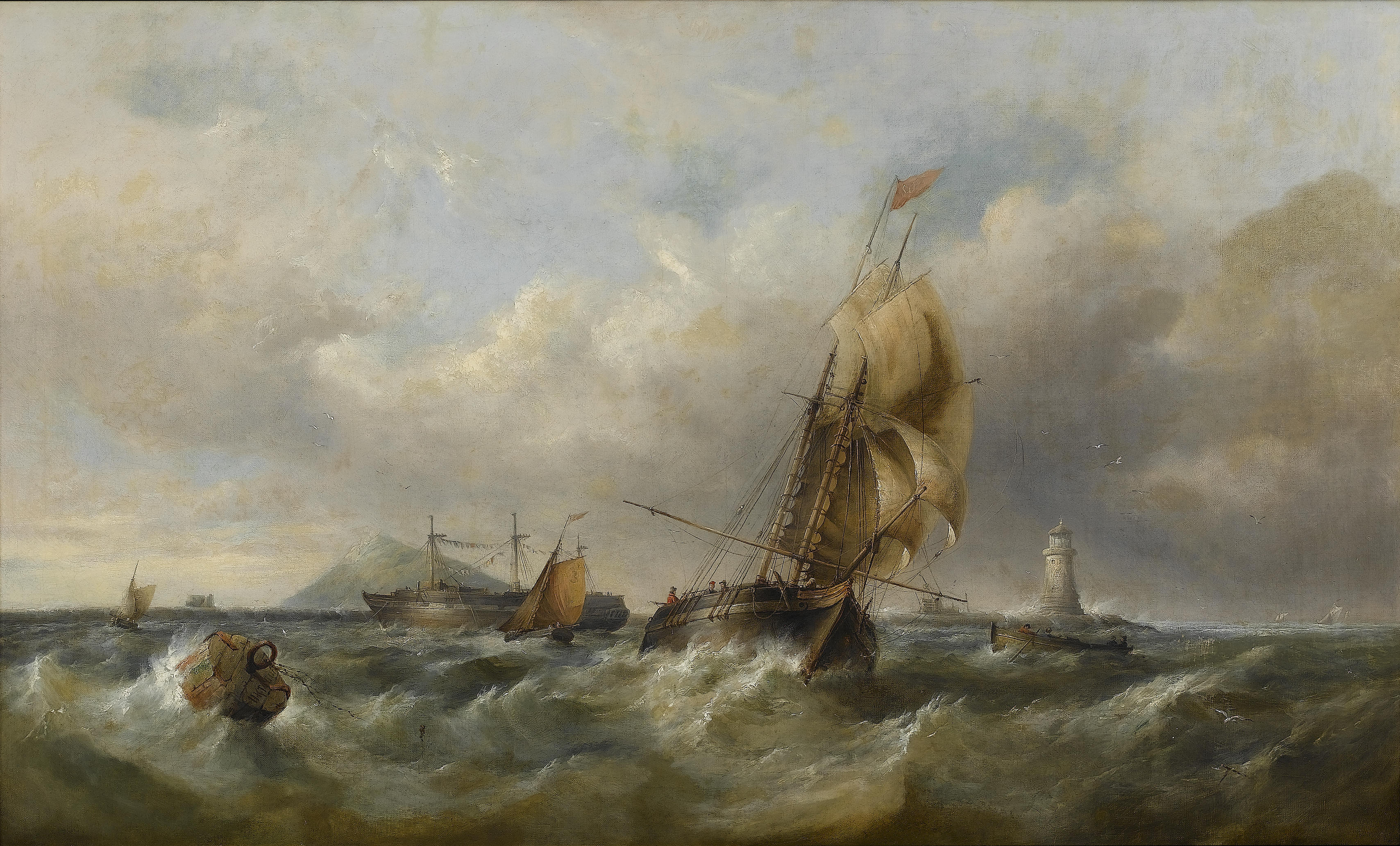Henry King Taylor - A trading schooner in choppy seas off a moored hulk