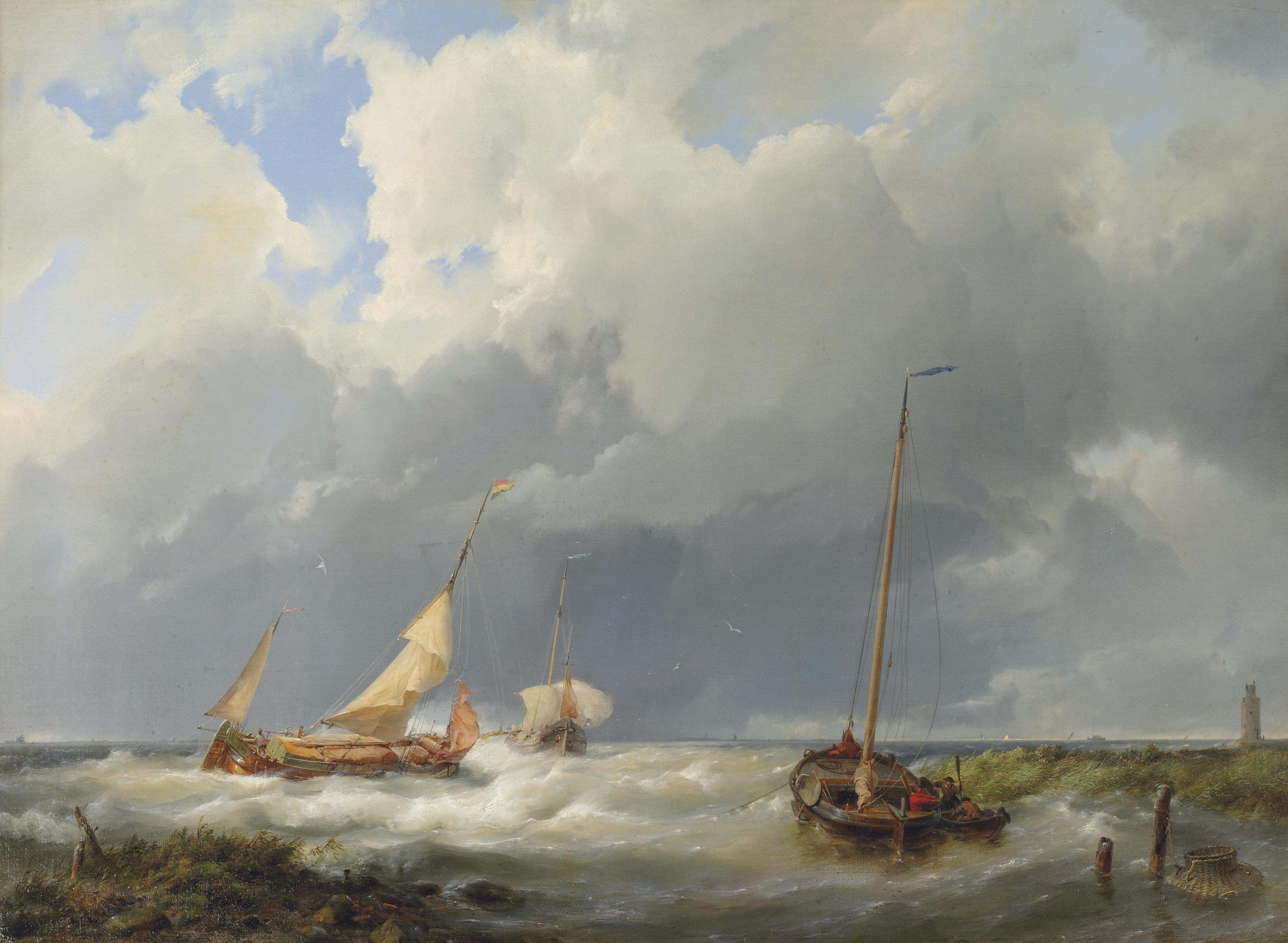 Hermanus Koekkoek (sr.) - Coastal scene with fishing vessels (1855)