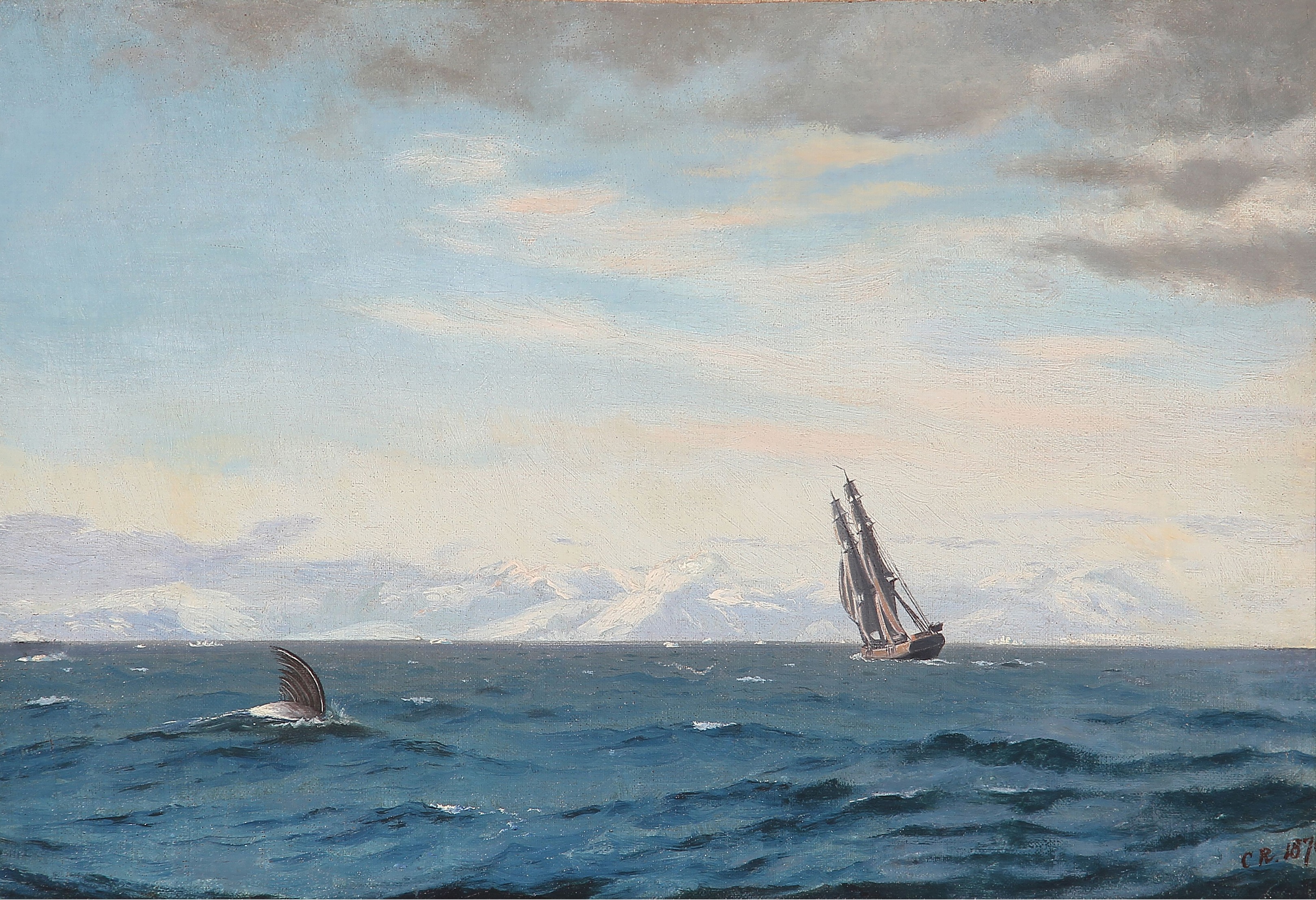 I. E. C. Rasmussen - Humpback whale and sailing ship in the Davis Strait (1870)