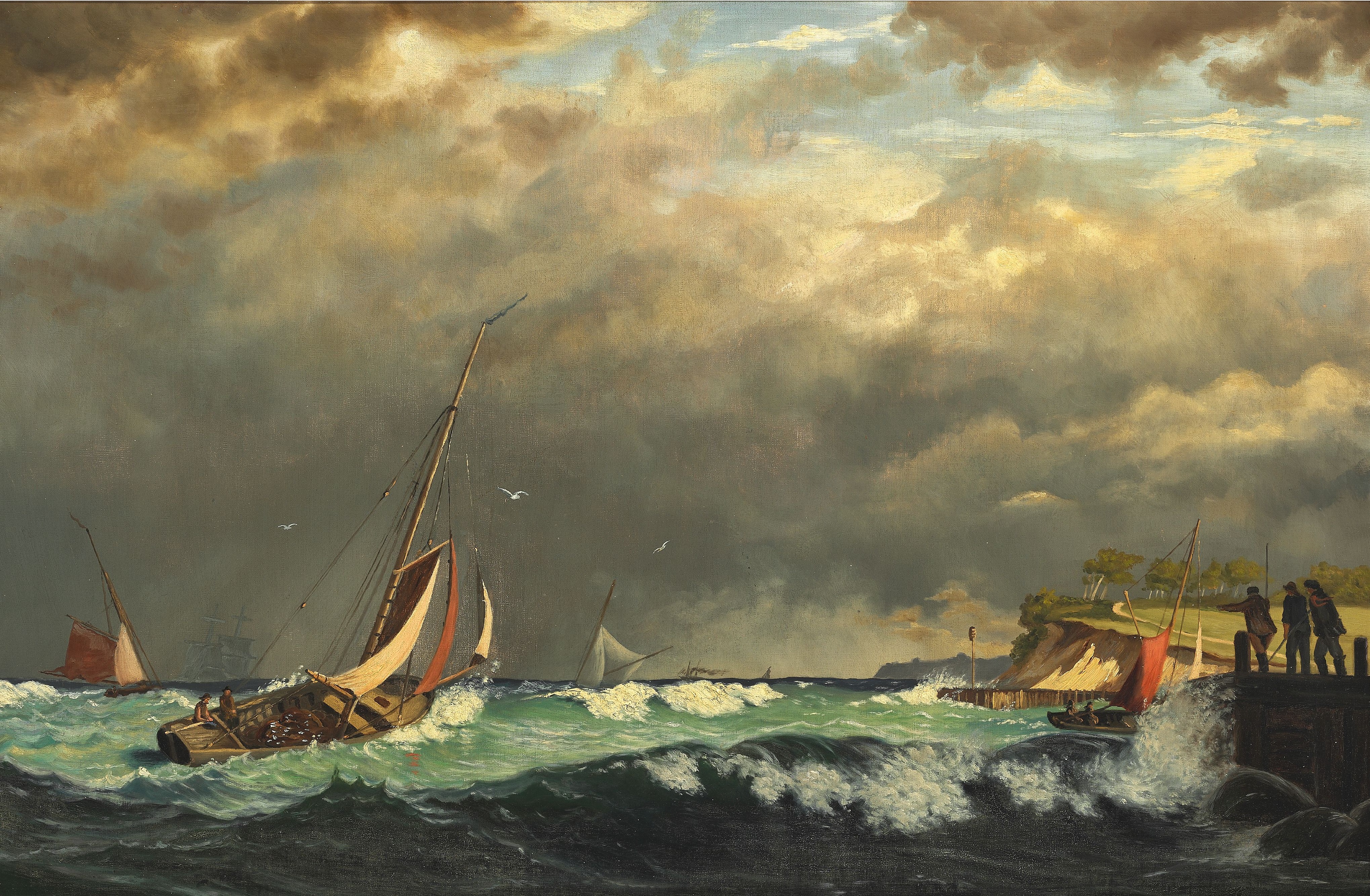 I. E. C. Rasmussen - Sailing boats off a harbour in stormy weather