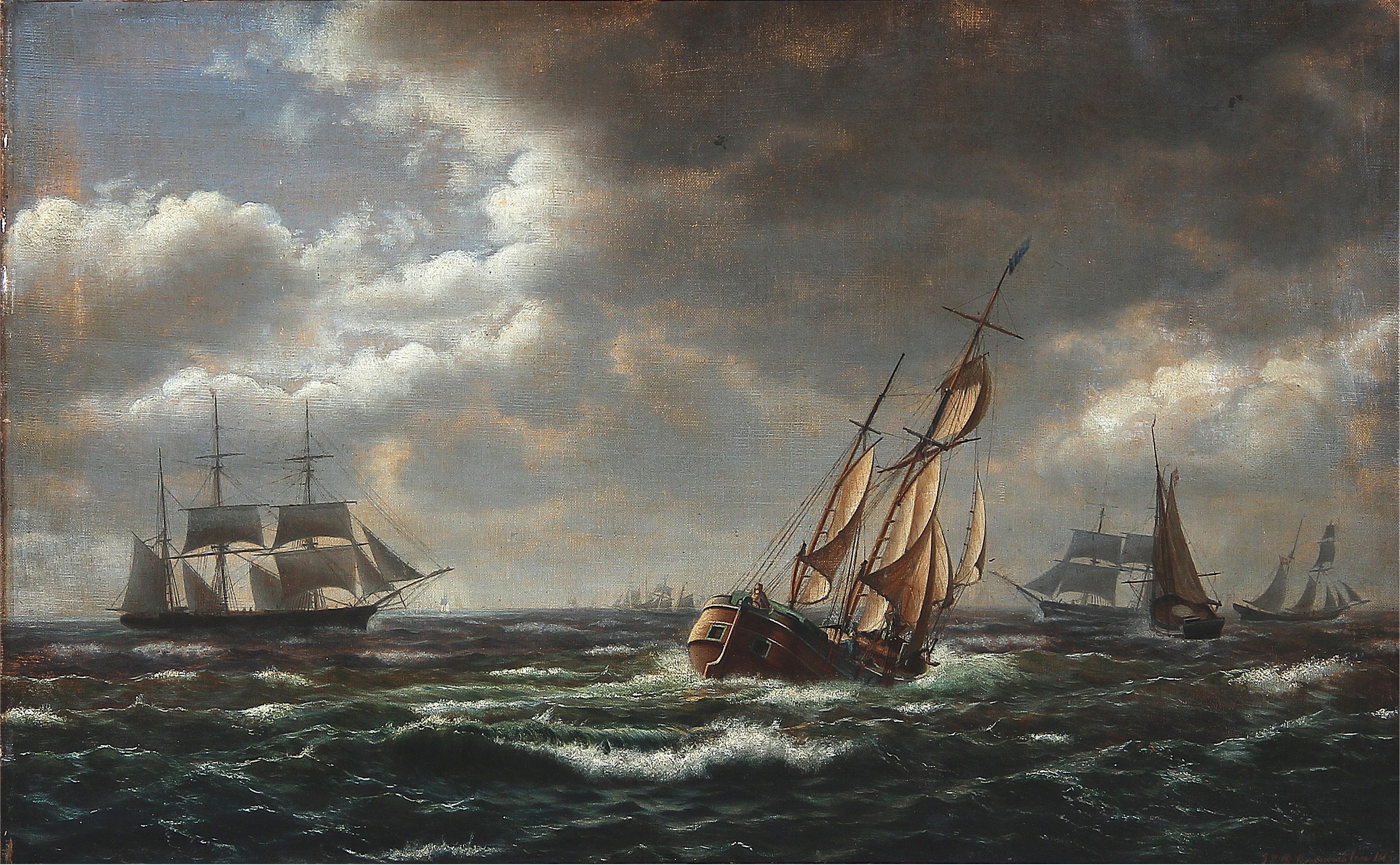 I. E. C. Rasmussen - Seascape with sailing ships in high waves (1863)
