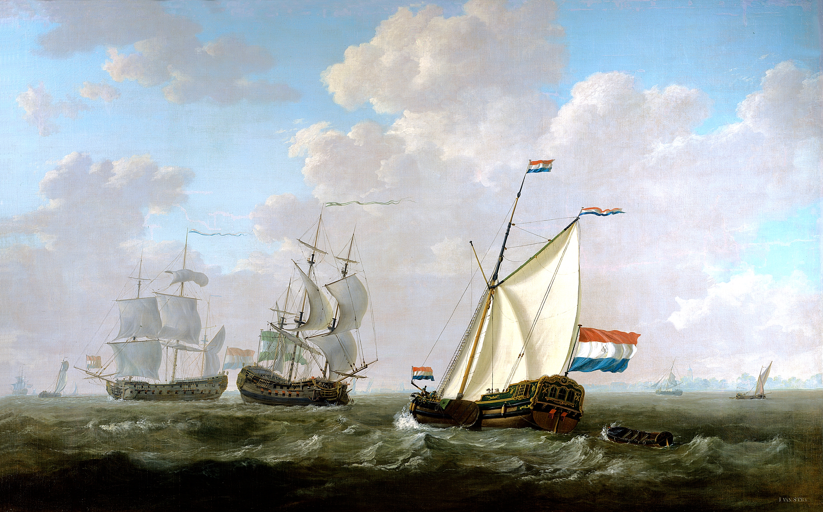 Jacob van Strij - Het jacht van de kamer Rotterdam begroet een Oostindiëvaarder