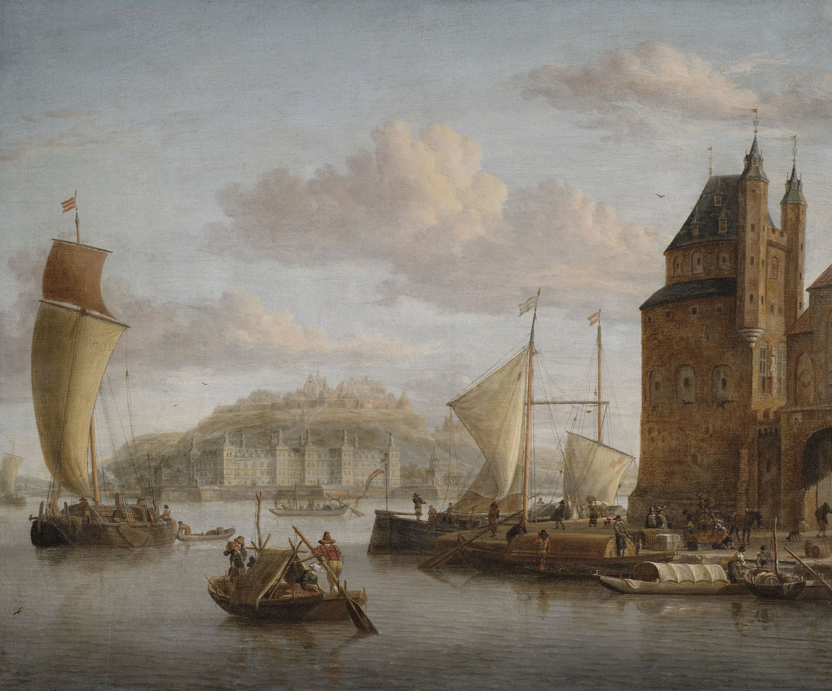 Jacobus Storck Hafen an einem Schloss mit Lastbooten