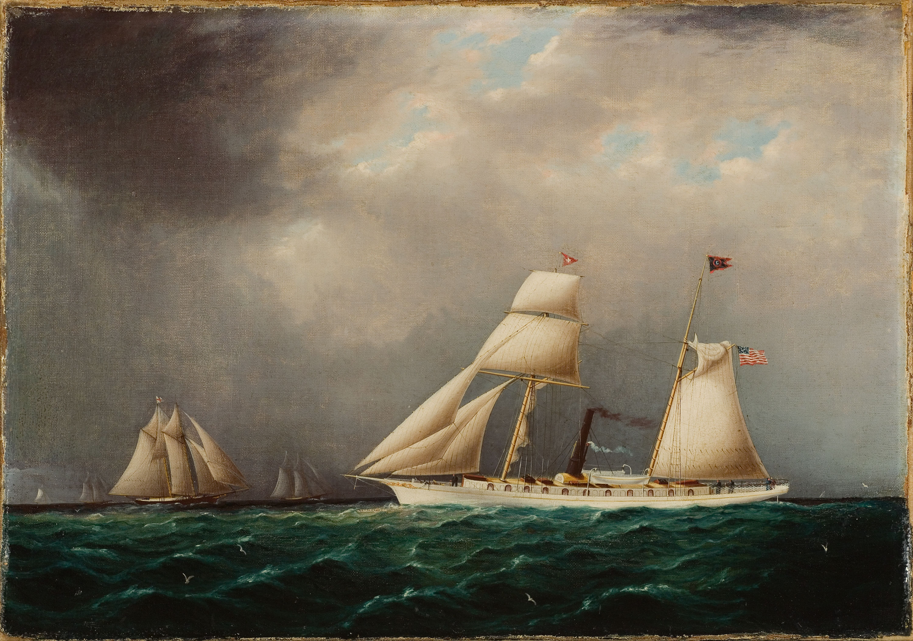 James E. Buttersworth - American Steam-Sail Yacht EMILY at Sea with Four Schooners Off Bow
