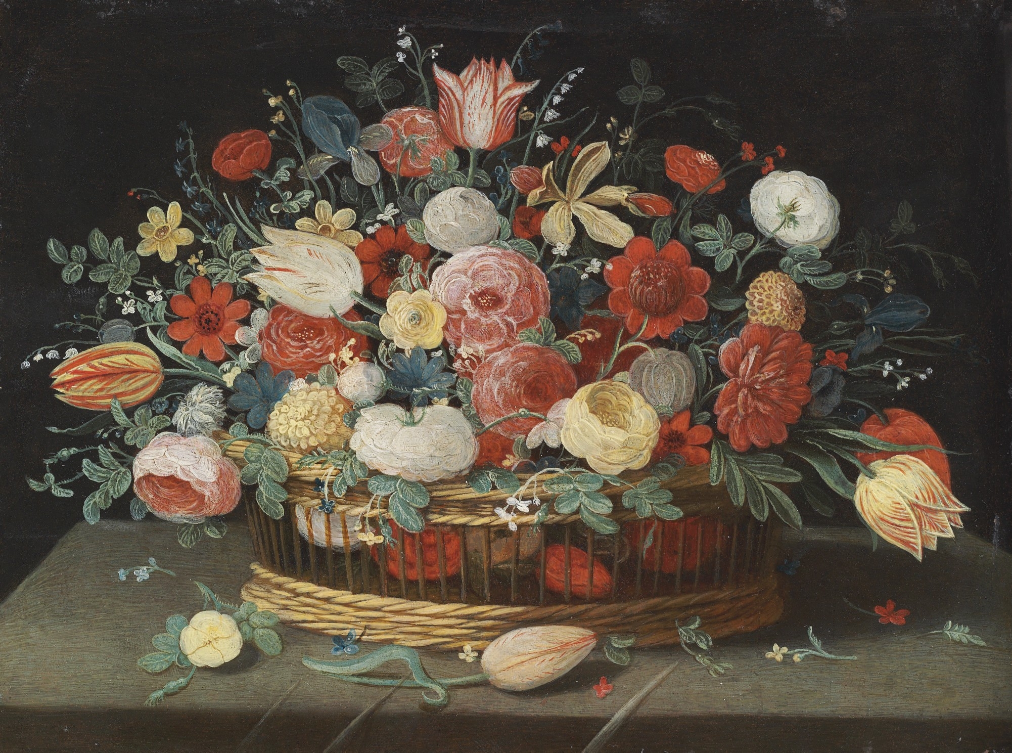 Jan van Kessel de Oude - Rozen, tulpen, irissen en andere bloemen in een mand, op een gedrapeerde tafel bezaaid met bloemen en bladeren