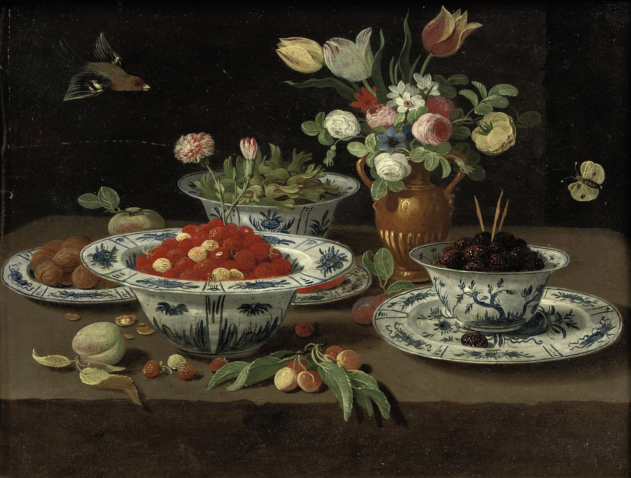 Jan van Kessel de Oude - Wilde aardbeien in een Chinees porselein kom etc