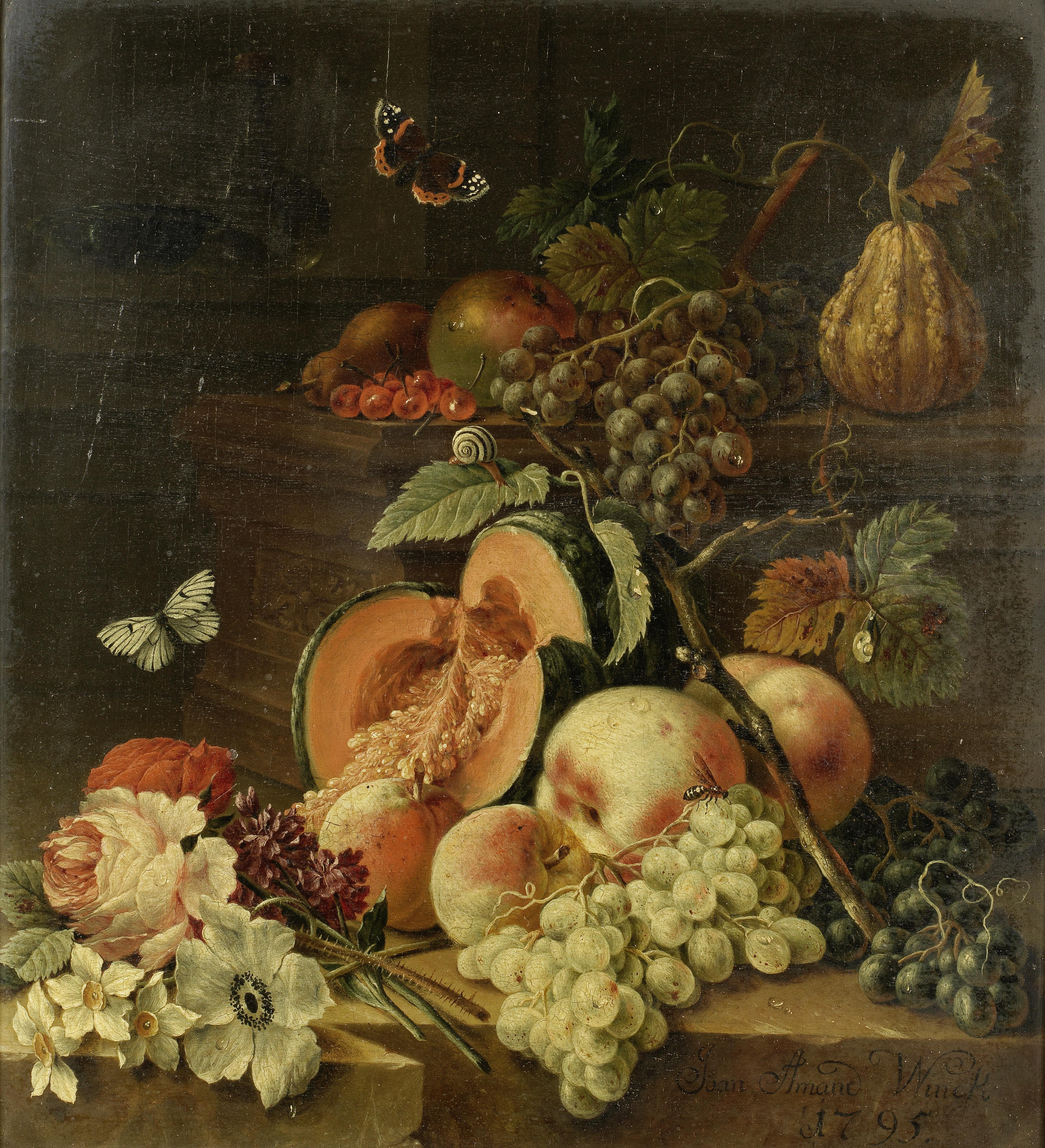 Johann Amandus Winck - Eine geteilte Melone, Pfirsiche, Trauben und verschiedene Blumen auf einem Sims (1795)