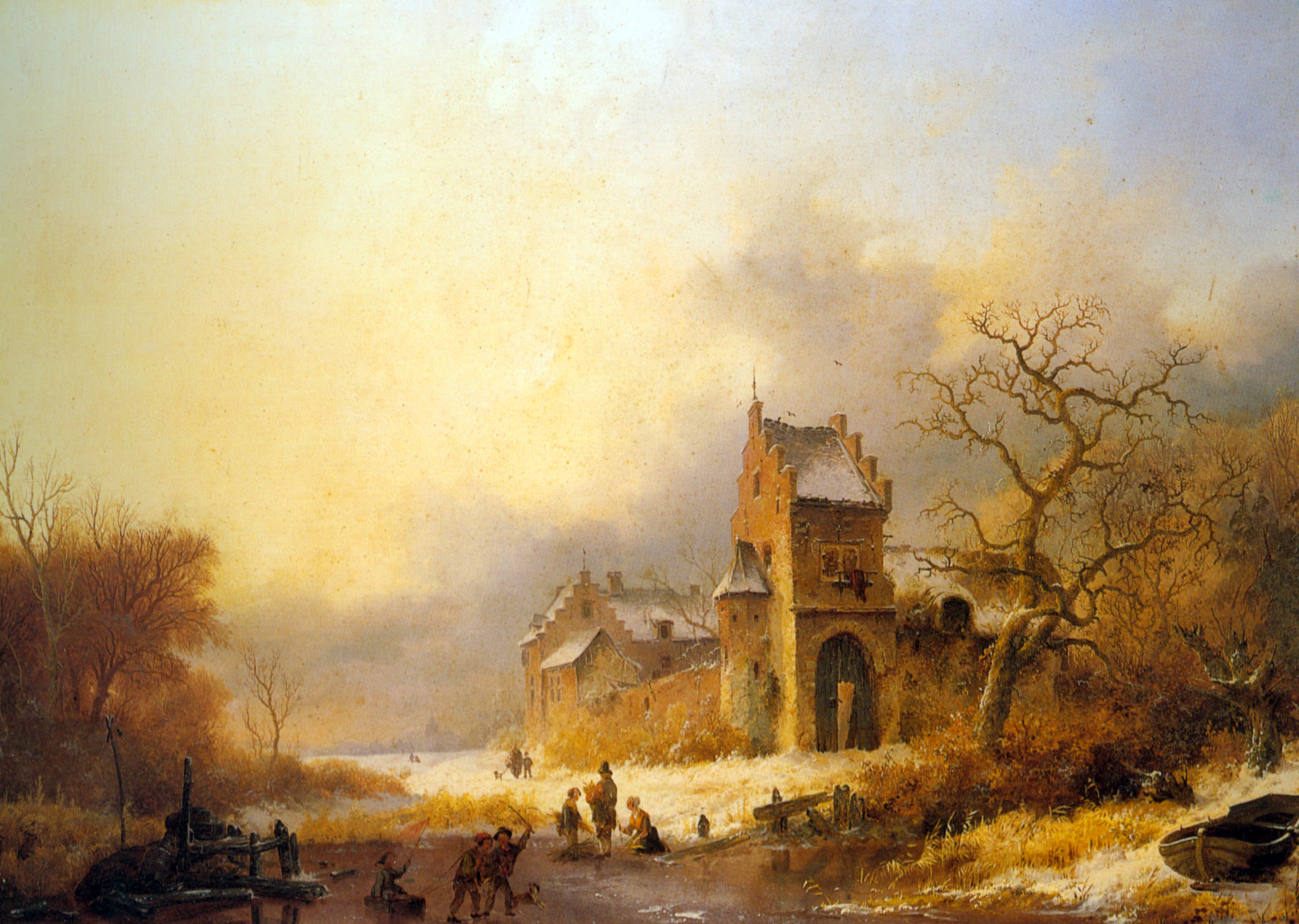 Kruseman Fredrik Marinus Figures on a frozen river in a winter landscape 1849 Oil On Panel