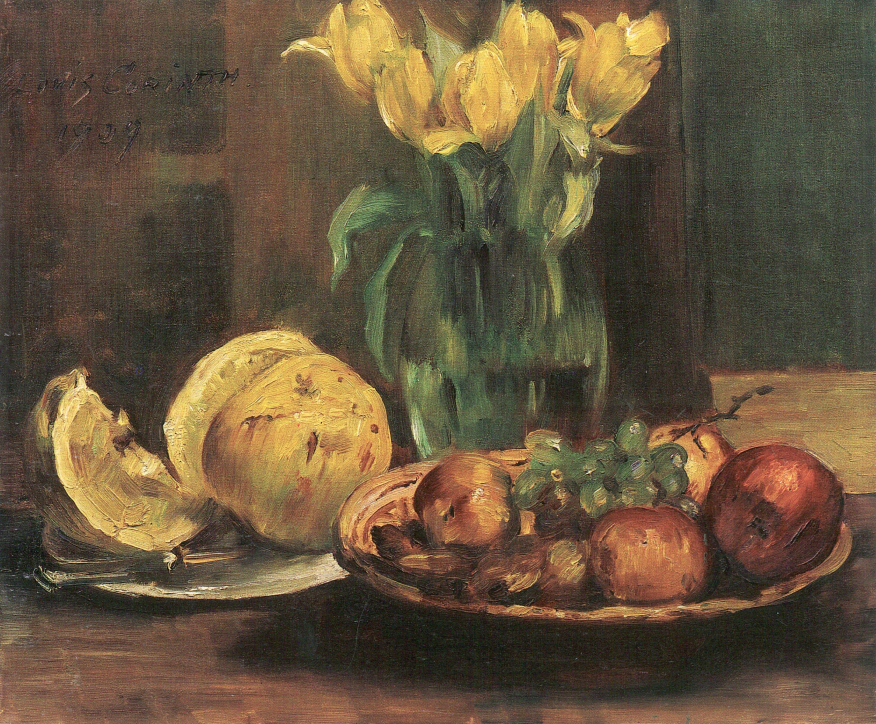 Lovis Corinth Stillleben mit gelben Tulpen Äpfeln und Grapefruit 1909