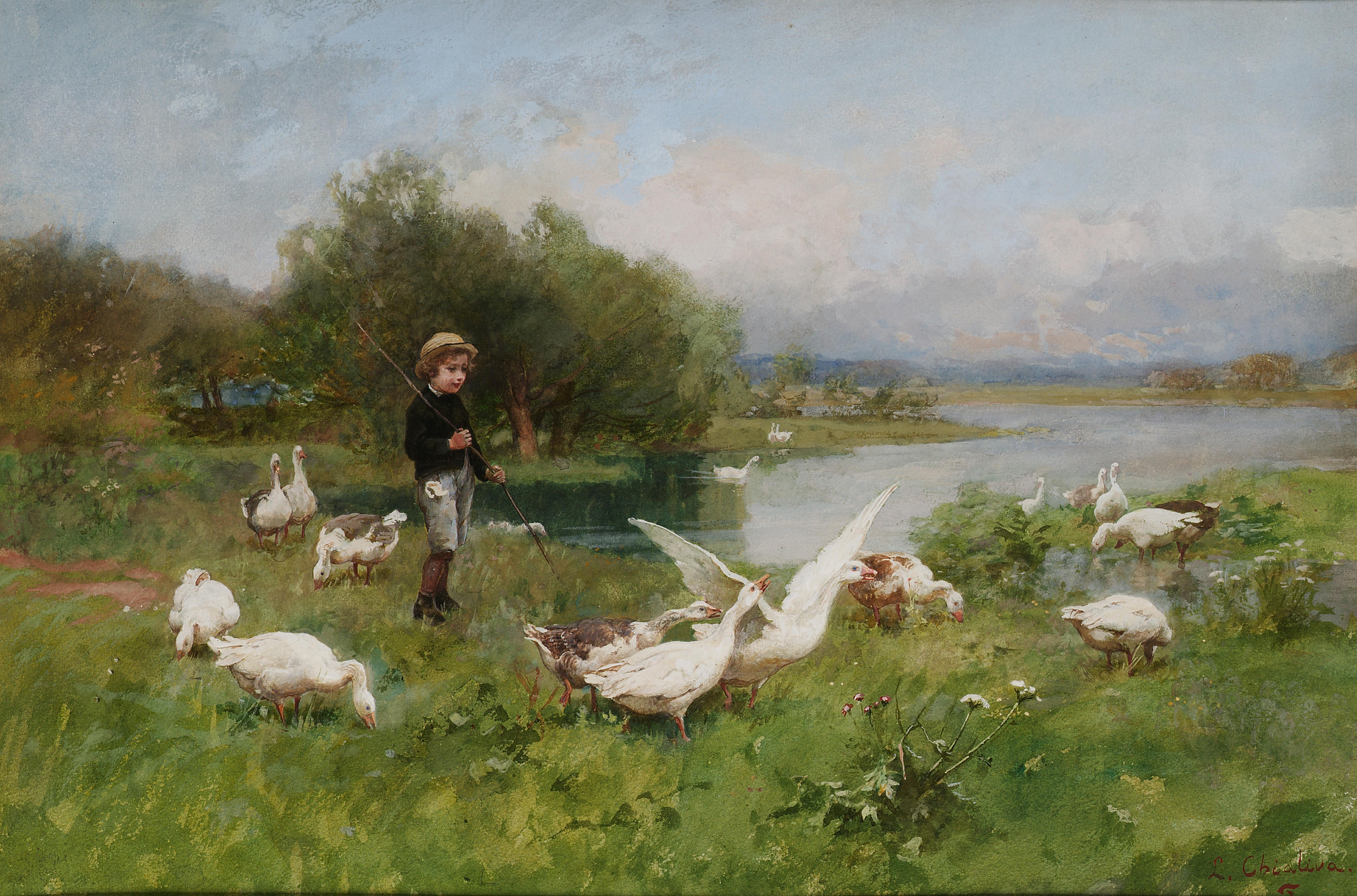 Luigi Chialiva - Young boy tending geese