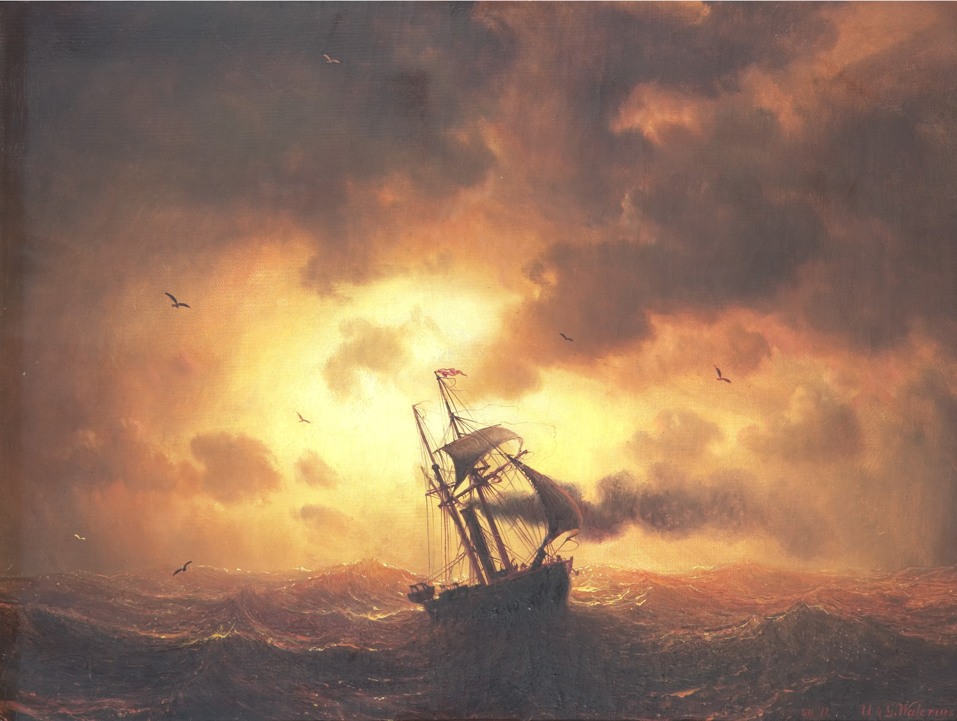 Marcus Larson-Ångfartyg i solnedgång