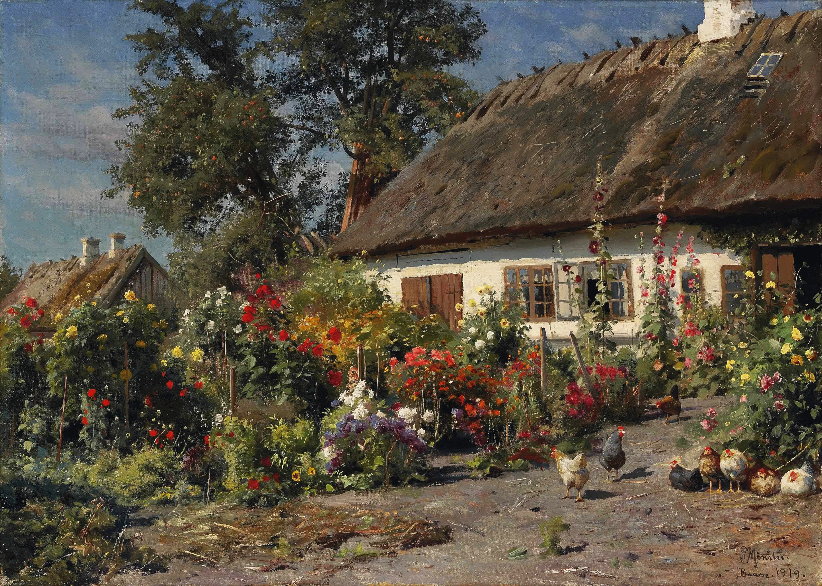 Peder Mønsted - A Cottage Garden with Chickens
